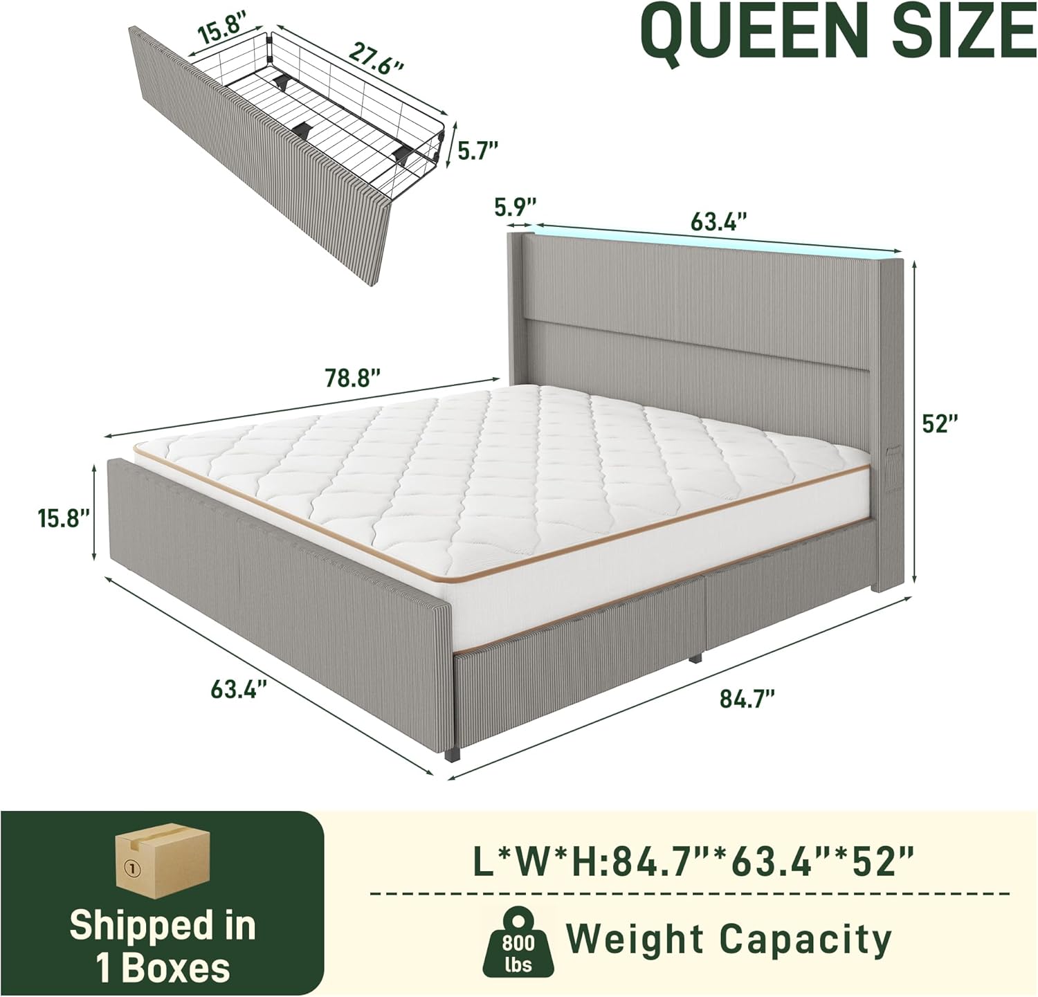 ANPOO Queen Size LED Upholstered Bed Frame with Drawer, Wingback Platform Bed Frame with 52" Headboard & Footboard, Corduroy Bed Frame No Box Spring Needed/Noise Free
