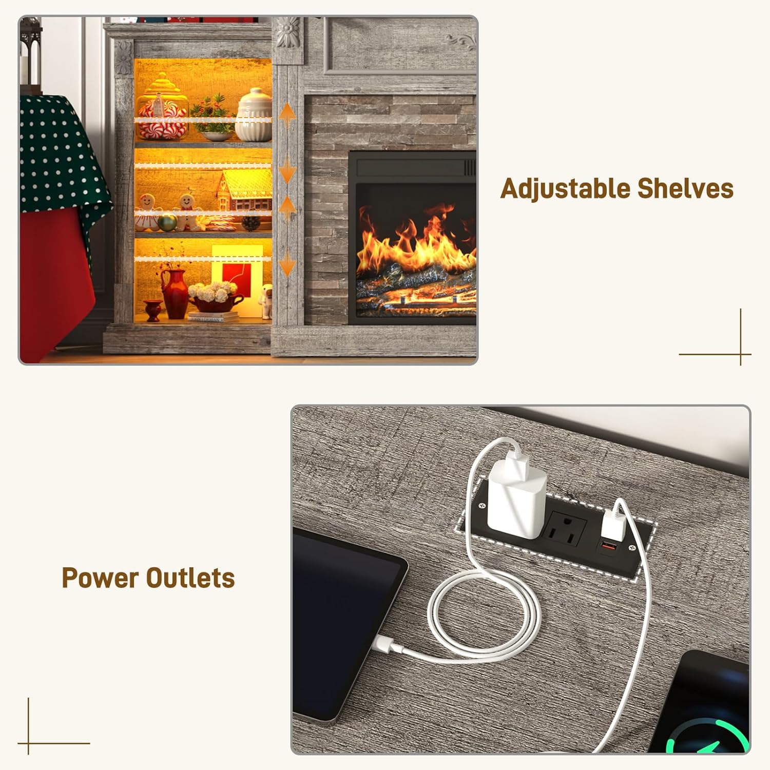 ANPOO 85" Electric Fireplace with Mantel, Fireplace TV Stand with 36" Fireplace for TVs Up to 95 Inch, 37.6" Tall Farmhouse Entertainment Center with LED Lights & Charging Station, Carved Decoration