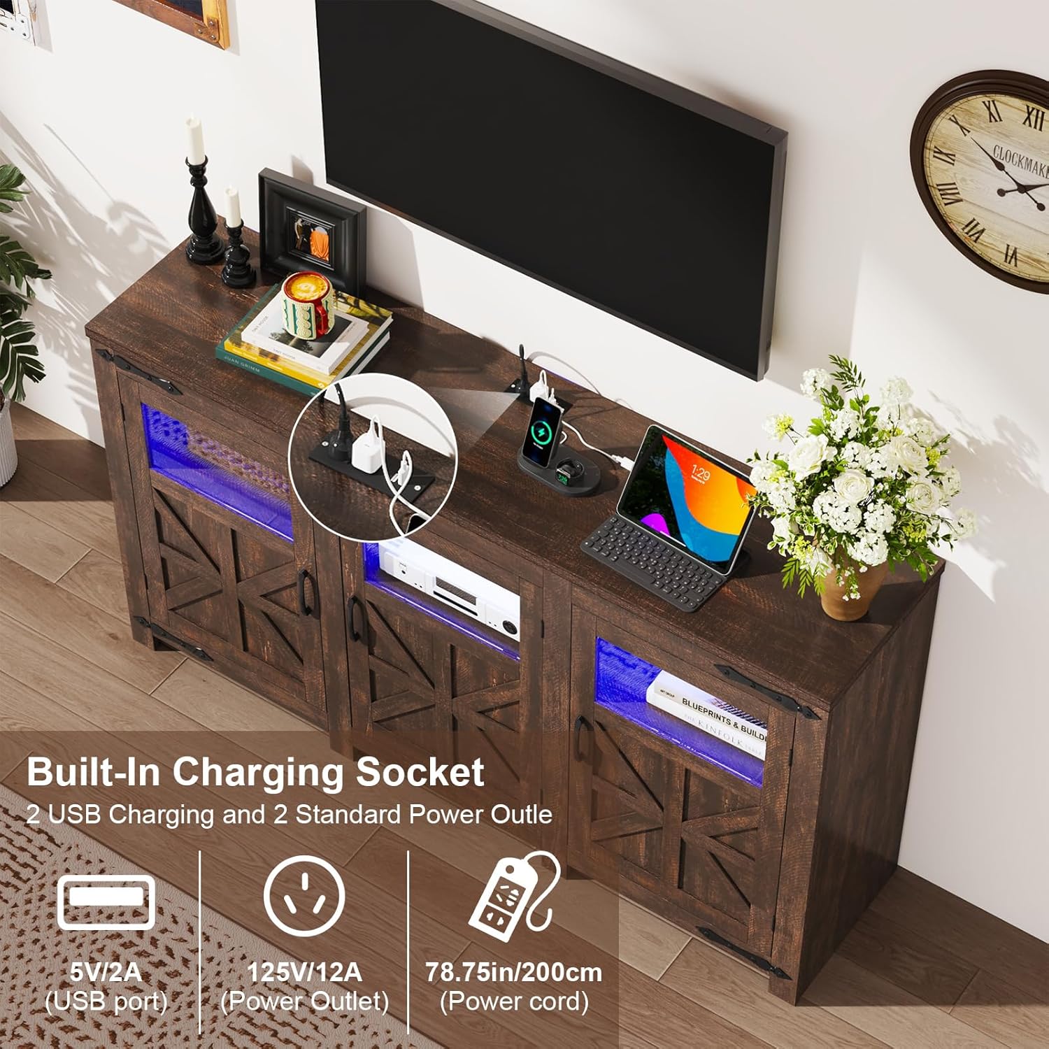 ChVans LED Farmhouse TV stand for up to 85" TVs with Power Outlet, 74" Large Entertainment Center Console Table, 33.5" Tall Rustic Media Console w/Storage Shelves for Living Room