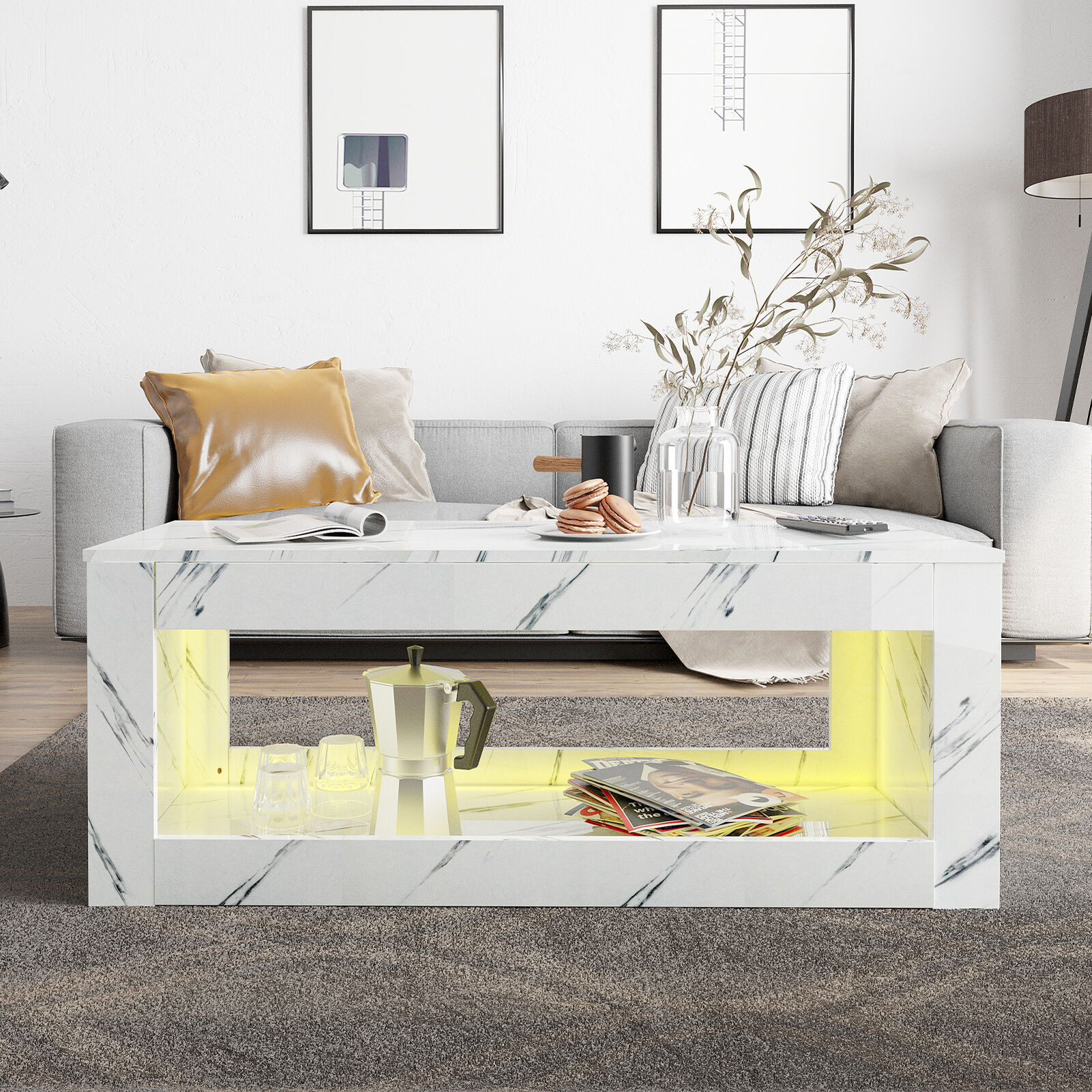 ChVans LED Coffee Table with Open Storage, Modern White Coffee Table with 16 Colors LED Lights, Rectangle Center End Table with Marbling Print for Living Room Bedroom