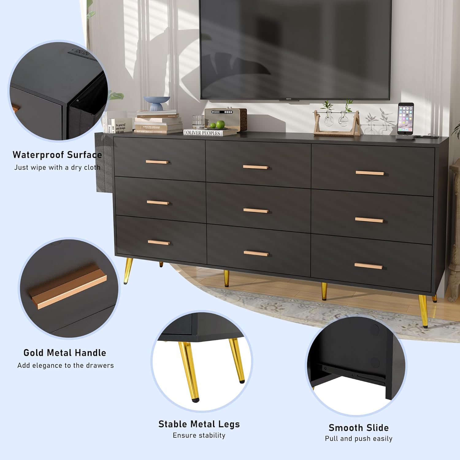 Yaoping 9 Drawer Dresser for Bedroom, Modern Wood Dresser with Wide Drawers and Metal Handles, Storage Chest of Drawers for Living Room Hallway Entryway