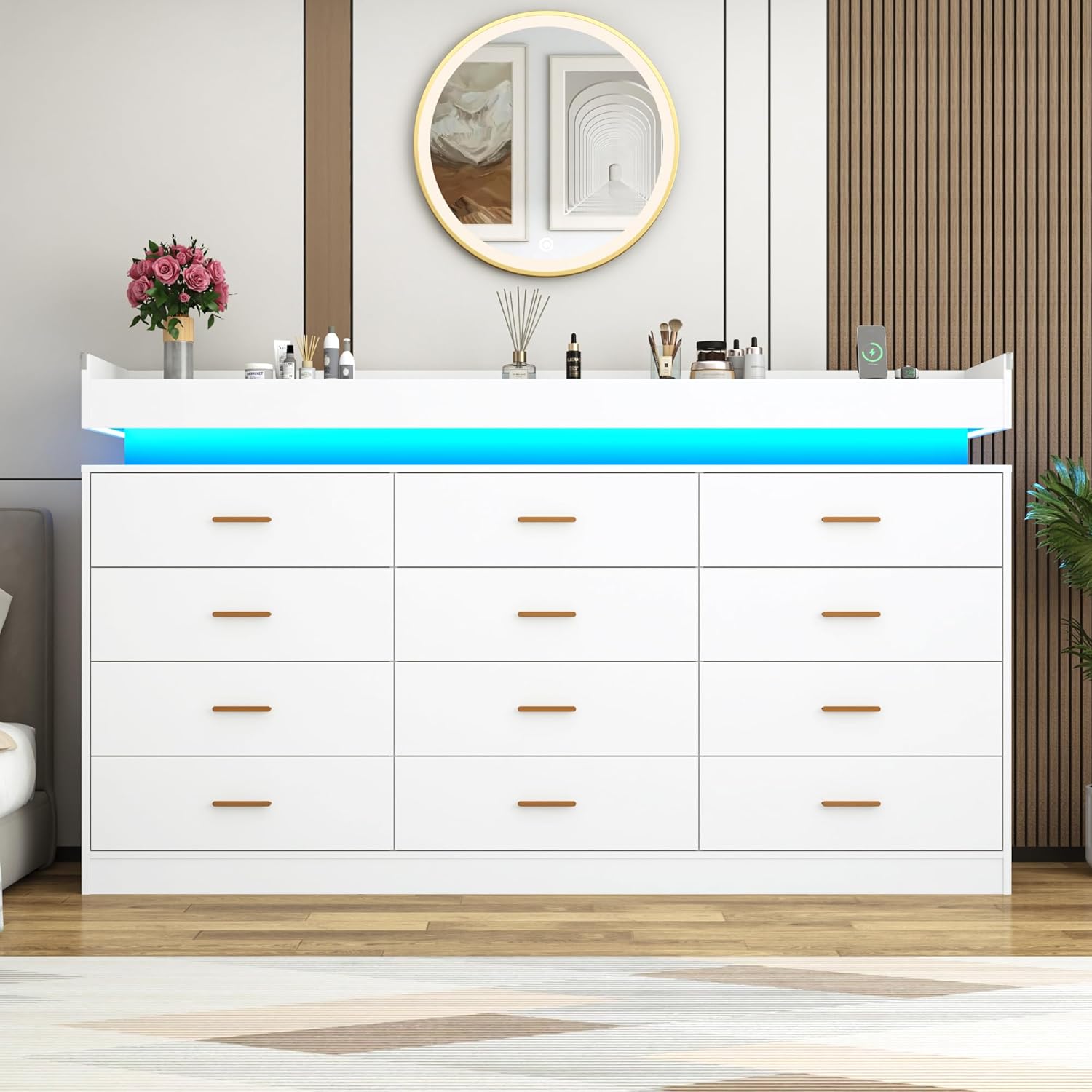 ChVans 12 Drawer Dresser with LED Lights and Charging Station, 70" Wide wood Chest of Drawers and Metal Handles, 45.7" Tall drawers dresser for bedroom, Living Room, Entryway, Hallway