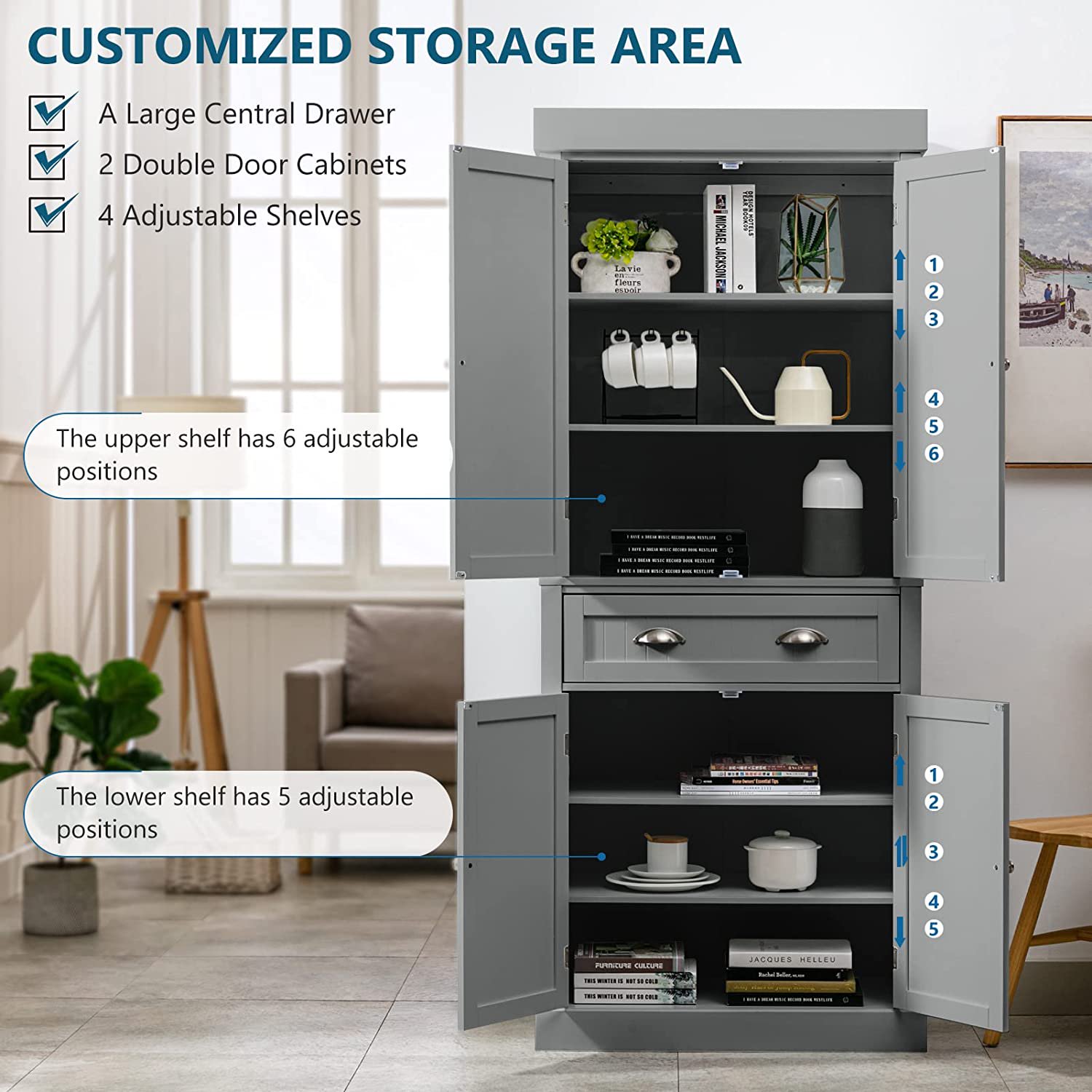 Kitchen Pantry Storage Cabinet, 72" Traditional Kitchen Pantry Cabinet, 6-Tier Freestanding Buffet Cupboards for Kitchen Storage