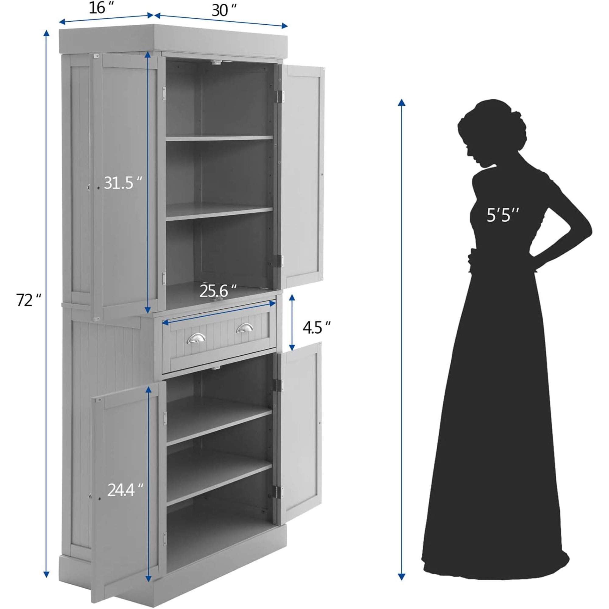 Kitchen Pantry Storage Cabinet, 72" Traditional Kitchen Pantry Cabinet, 6-Tier Freestanding Buffet Cupboards for Kitchen Storage