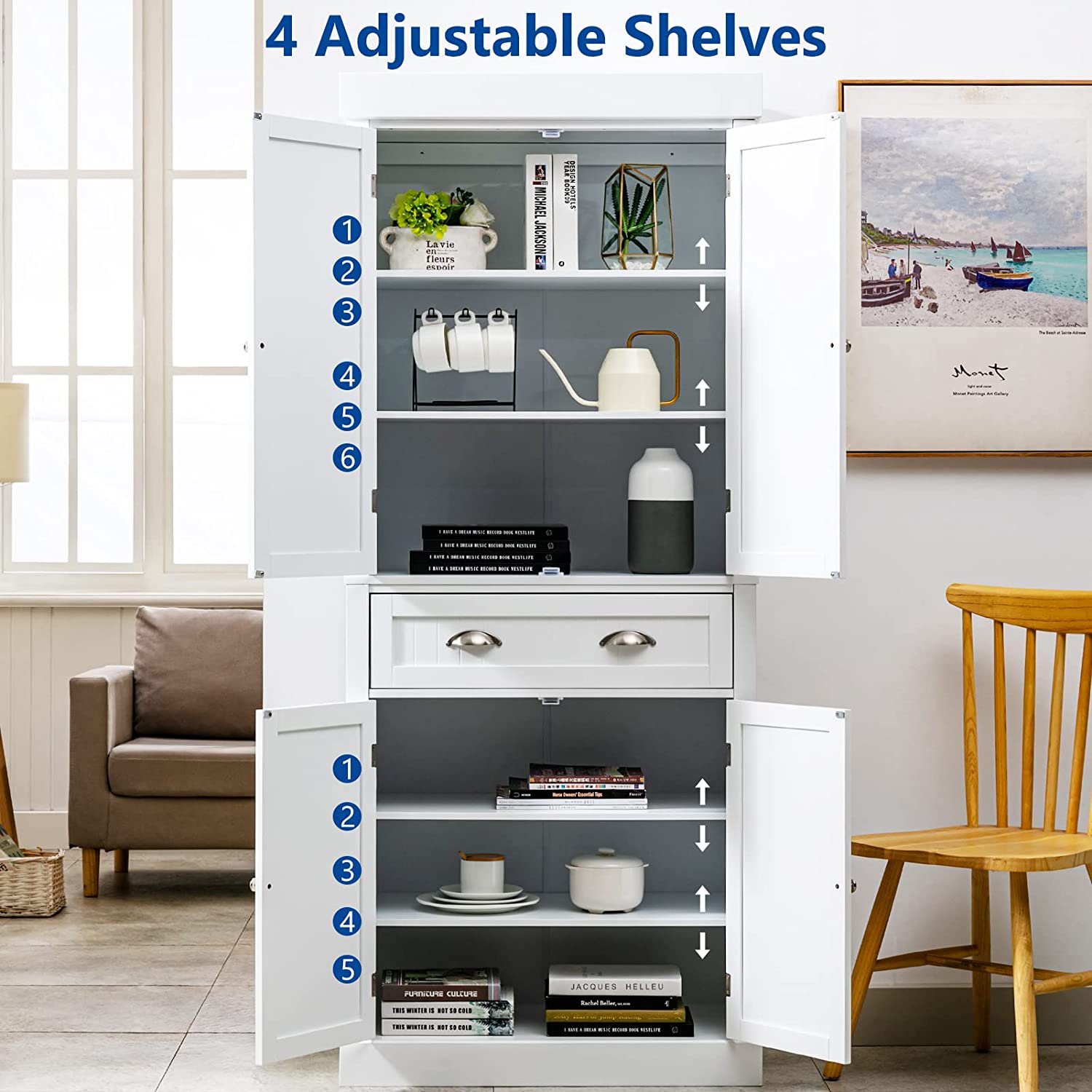 Kitchen Pantry Storage Cabinet, 72" Traditional Kitchen Pantry Cabinet, 6-Tier Freestanding Buffet Cupboards for Kitchen Storage