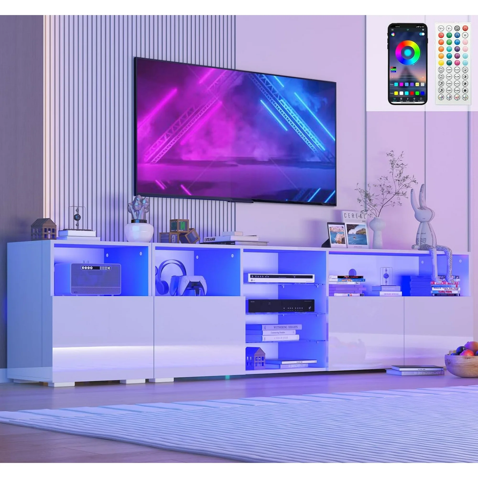 LED TV Stand for 80/85inch, High Glassy Modern TV Console Entertainment Center with LED Lights and Cabinets for Living Room, Bedroom