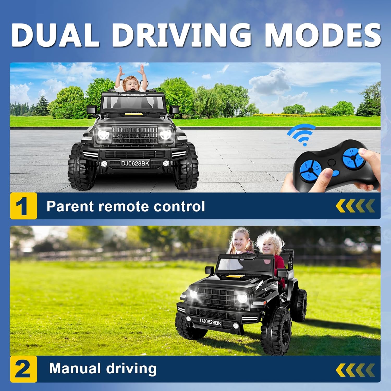 24 Volt Kids Electric Car Kids Ride On Car with Remote Control, 2-Seater Battery Powered Toy Car with LED Lights, Wheels Suspension, Music, Horn, 110 lbs Load