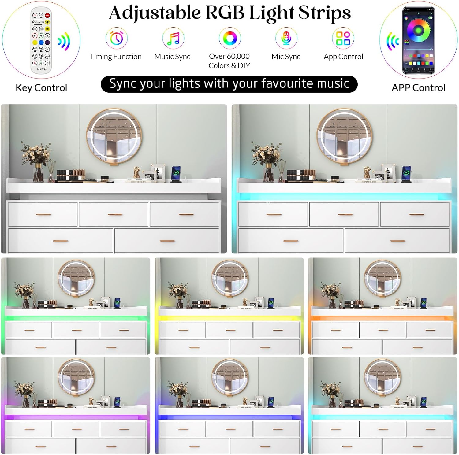 ChVans White Dresser with LED Light and Charging Station, Modern Wood Dresser with Wide Drawers and Metal Handles, 7 drawer dresser for Bedroom, Living Room, Entryway, Hallway