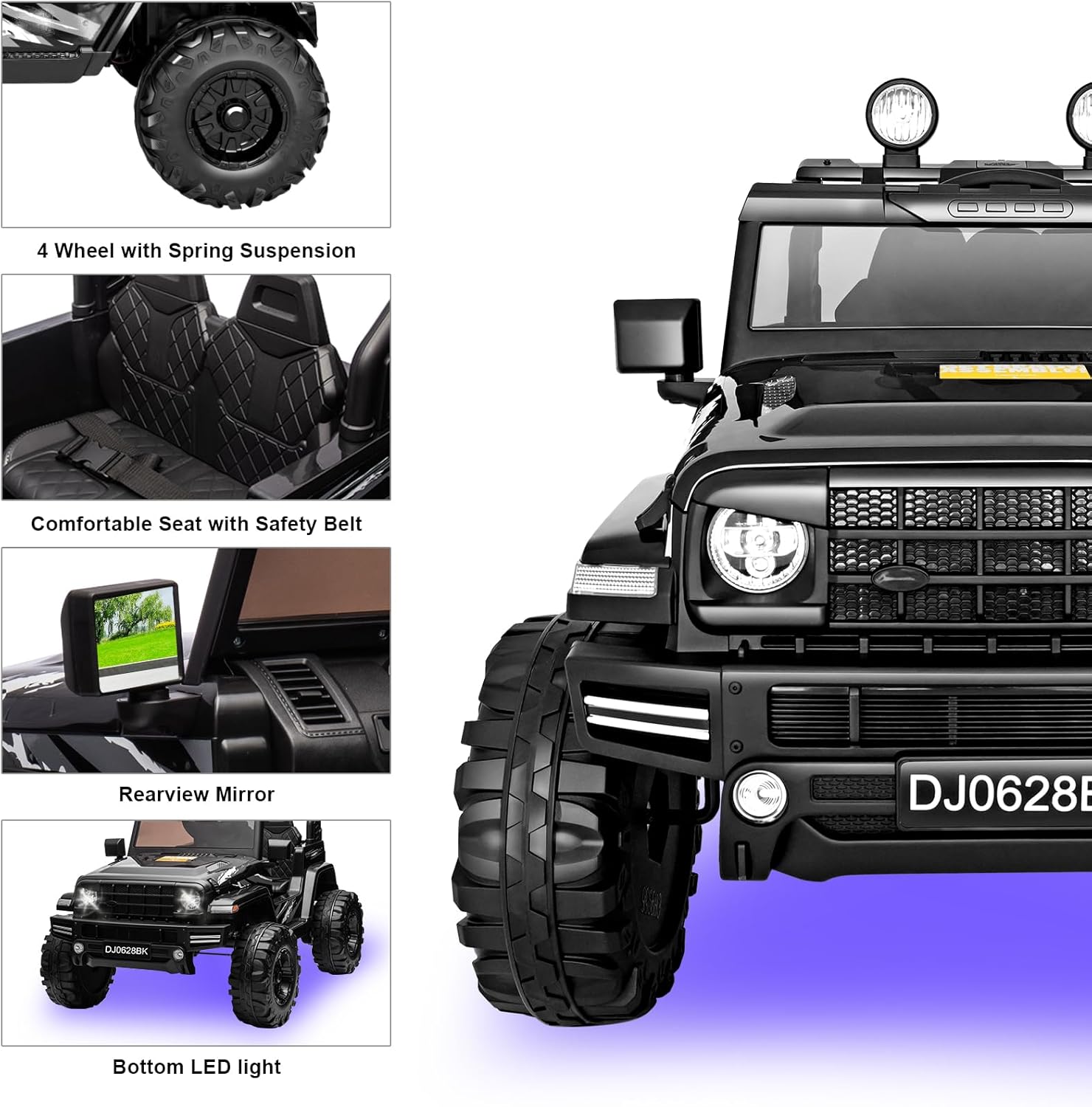 24V Kids Electric Ride on Car, 2-Seat Battery Powered Toy with LED Lights and Remote Control, Battery Powered Wheels Truck with USB Ports, MP3 Player, for Boys, Girls