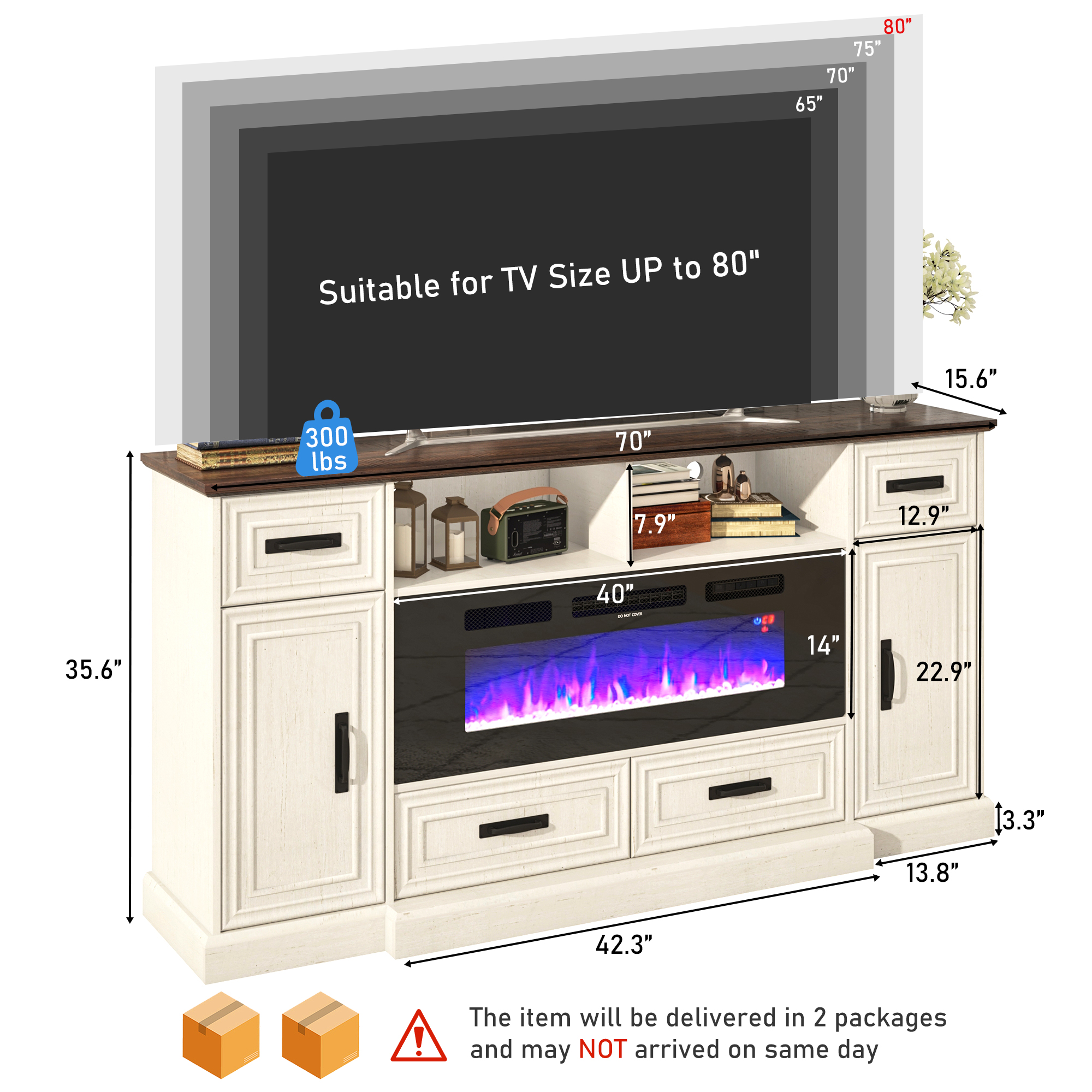 ChVans Farmhouse Fireplace TV Stand for 80" TV, Entertainment Center with 40'' Electric Fireplace & LED Lights, Modern Media Console with Storage Drawers & Cabinets & Power Outlets, Antique White