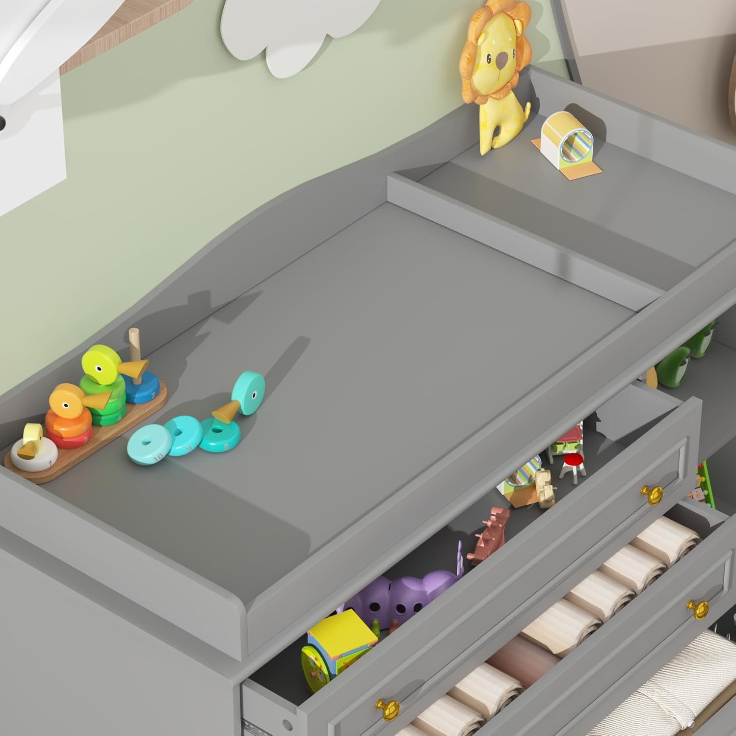 ChVans Changing Table Dresser, Baby Classic Nursery Dresser with 5 Drawers and 2 Shelves, Wood Chest of Drawers Nursery Storage Kids Organizer