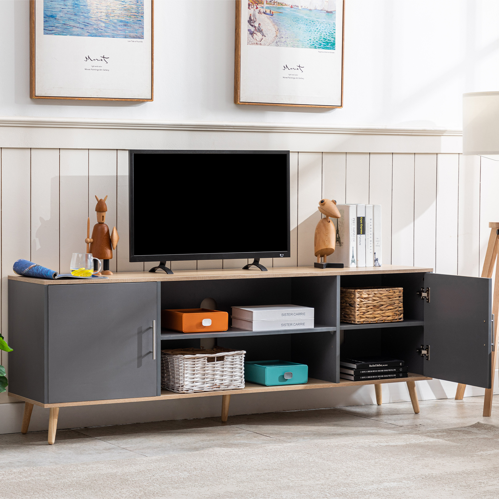 ChVans 70 Inch Mid Century Modern TV Stand for TVs up to 75 inches, Wood TV Stand with Storage, Entertainment Center for Living Room Bedroom, TV Media Console