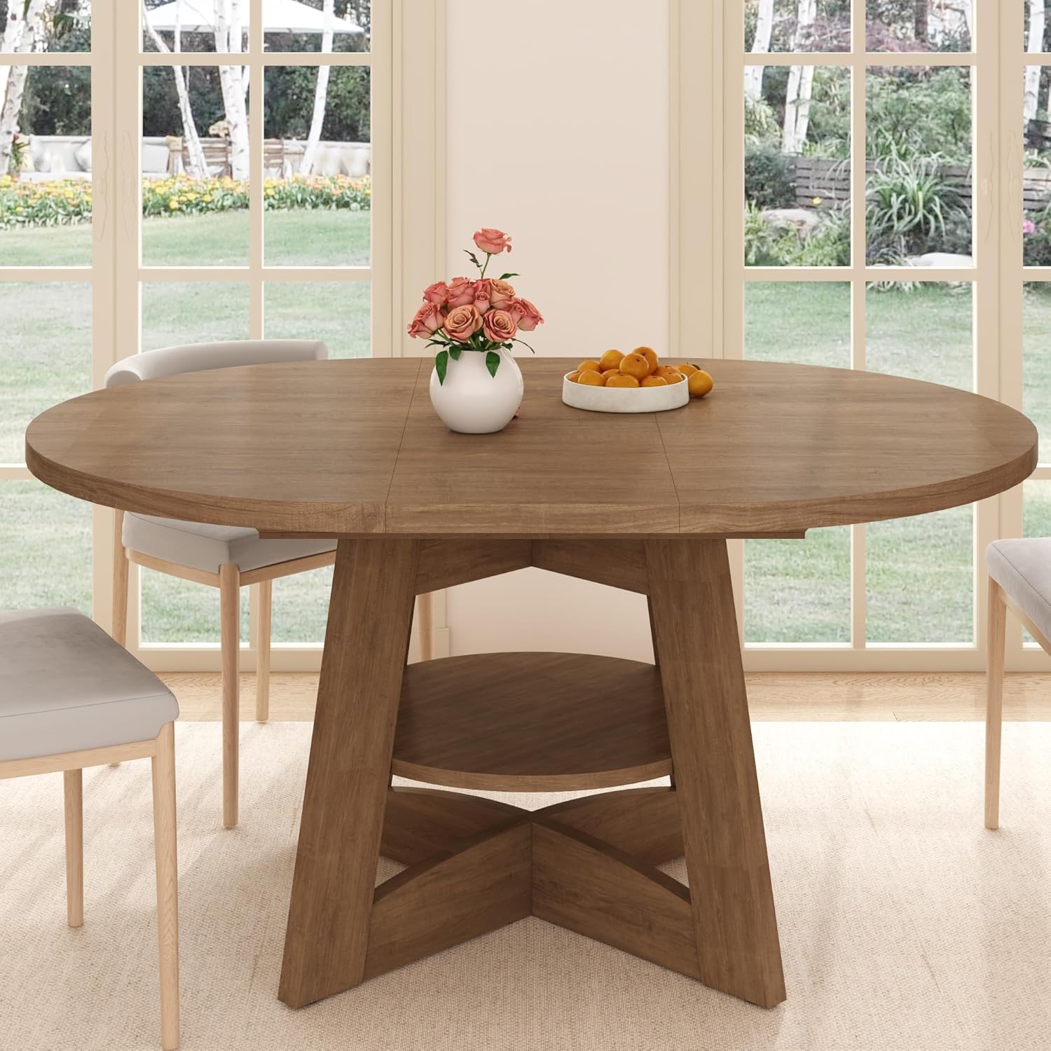 ChVans 47"-63" Extendable Round Dining Table for 4-8 Person, Modern Large Dinner Kitchen Table for Kitchen Dining Room, Save Space