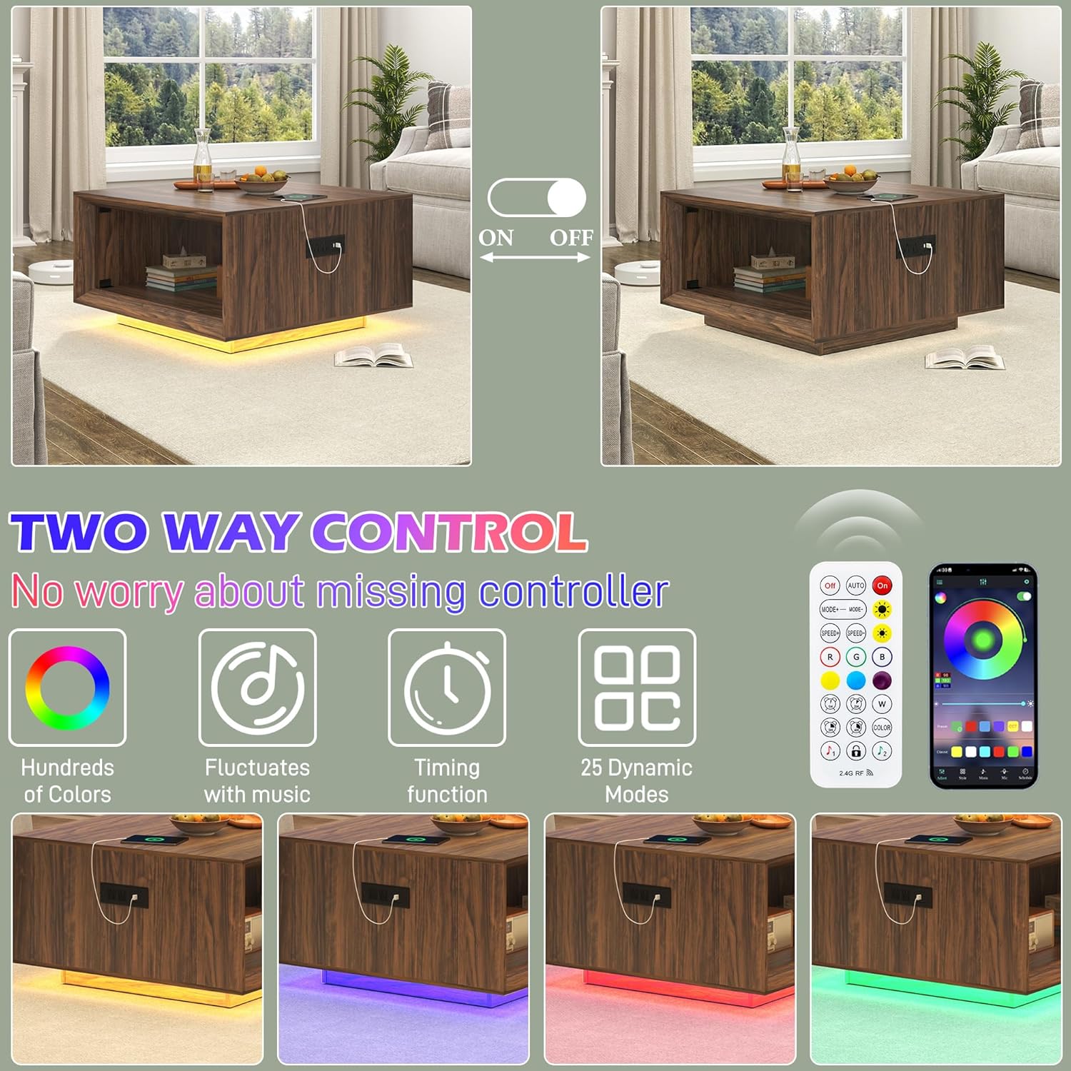 ANPOO 32" Mid Century Modern Square Coffee Table with LED Light & Power Outlet, 2-Tier Wood Cocktail Table with Storage for Living Room