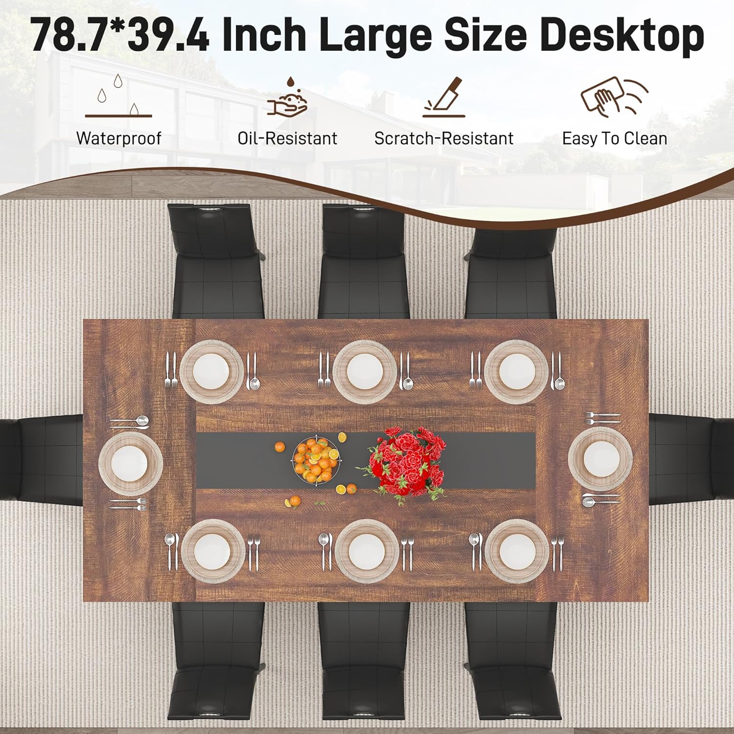 ANPOO 7-Piece Kitchen Dining Set for 4-8 People, 71" Rectangle Waterproof Wooden Table with 6 Chairs, Easy Clean Farmhouse Dining Table for Dining Room & Kitchen