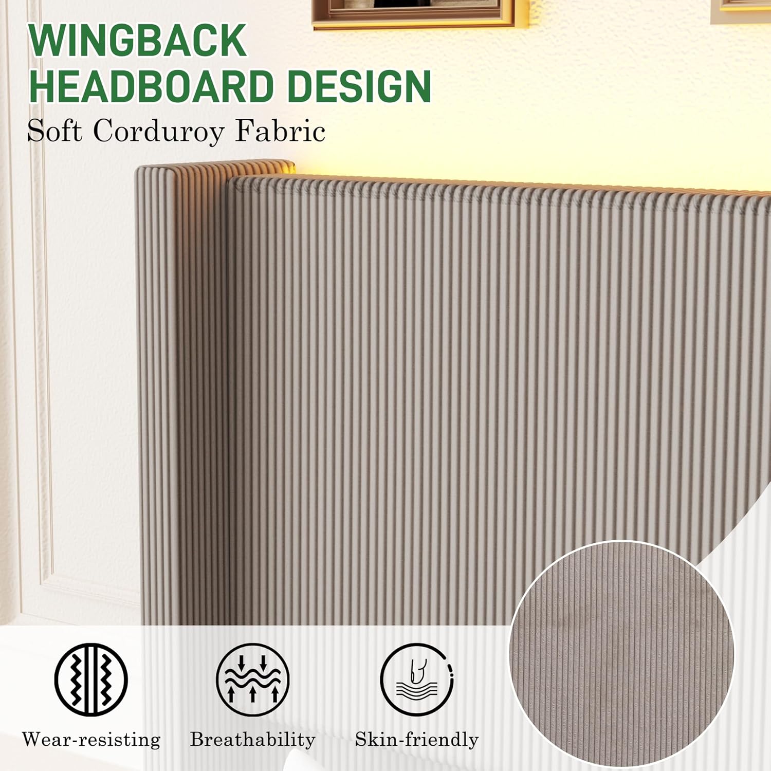 ANPOO Queen Size LED Upholstered Bed Frame with Drawer, Wingback Platform Bed Frame with 52" Headboard & Footboard, Corduroy Bed Frame No Box Spring Needed/Noise Free