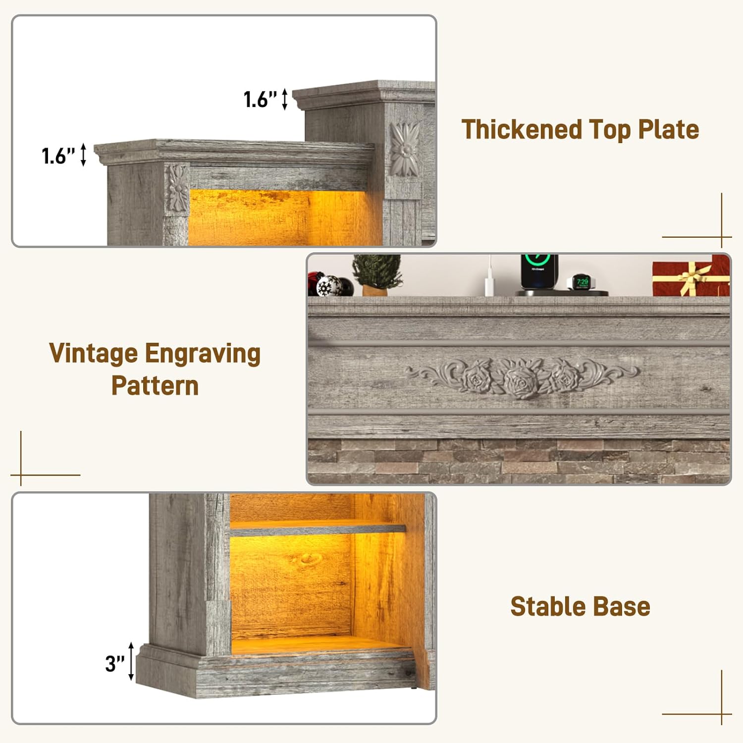 ANPOO 85" Electric Fireplace with Mantel, Fireplace TV Stand with 36" Fireplace for TVs Up to 95 Inch, 37.6" Tall Farmhouse Entertainment Center with LED Lights & Charging Station, Carved Decoration