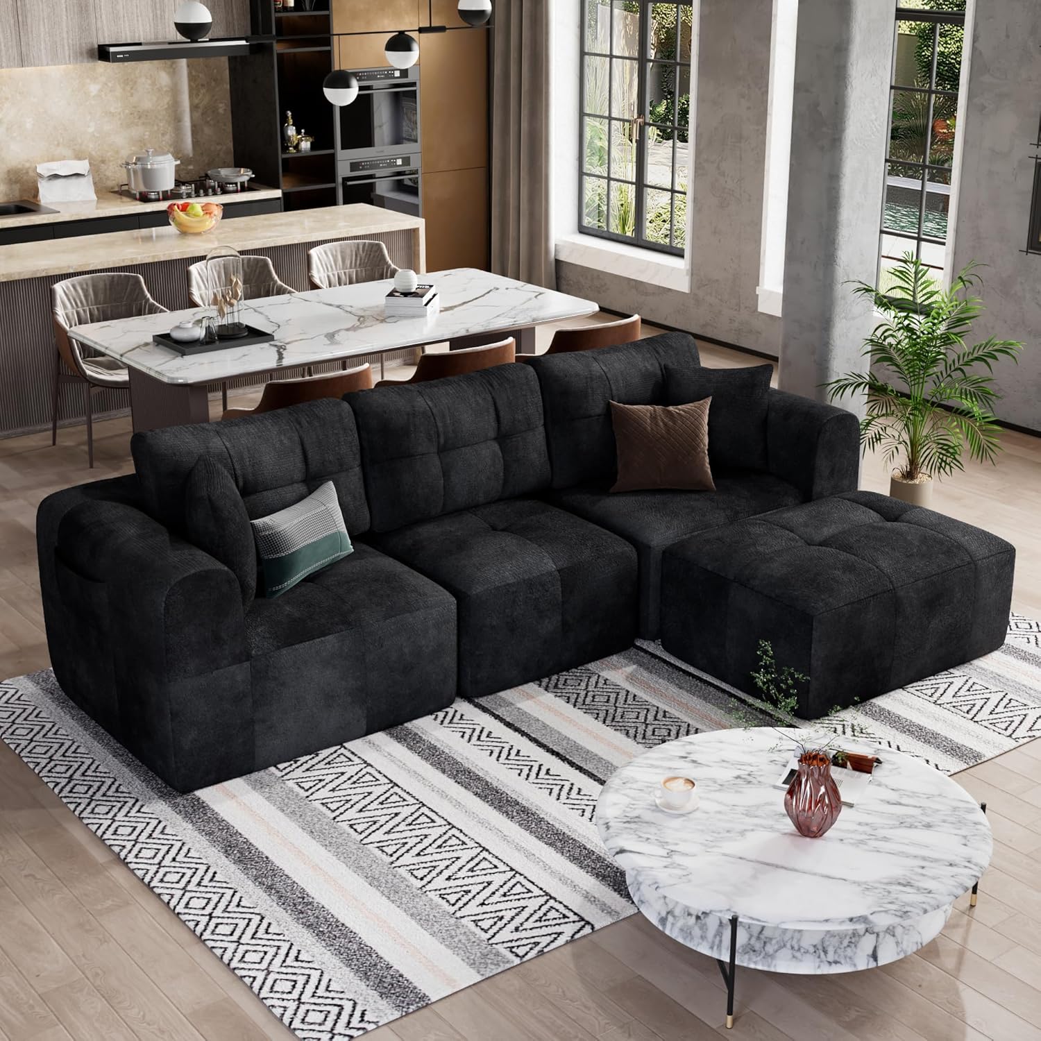 ChVans 110" L-Shaped Sectional Sofa with Convertible Left/Right Ottoman, Boneless Sofa with Oversized Chaise & Layered Cushion, Upholstered Couches for Living Room Bedroom, No Assembly