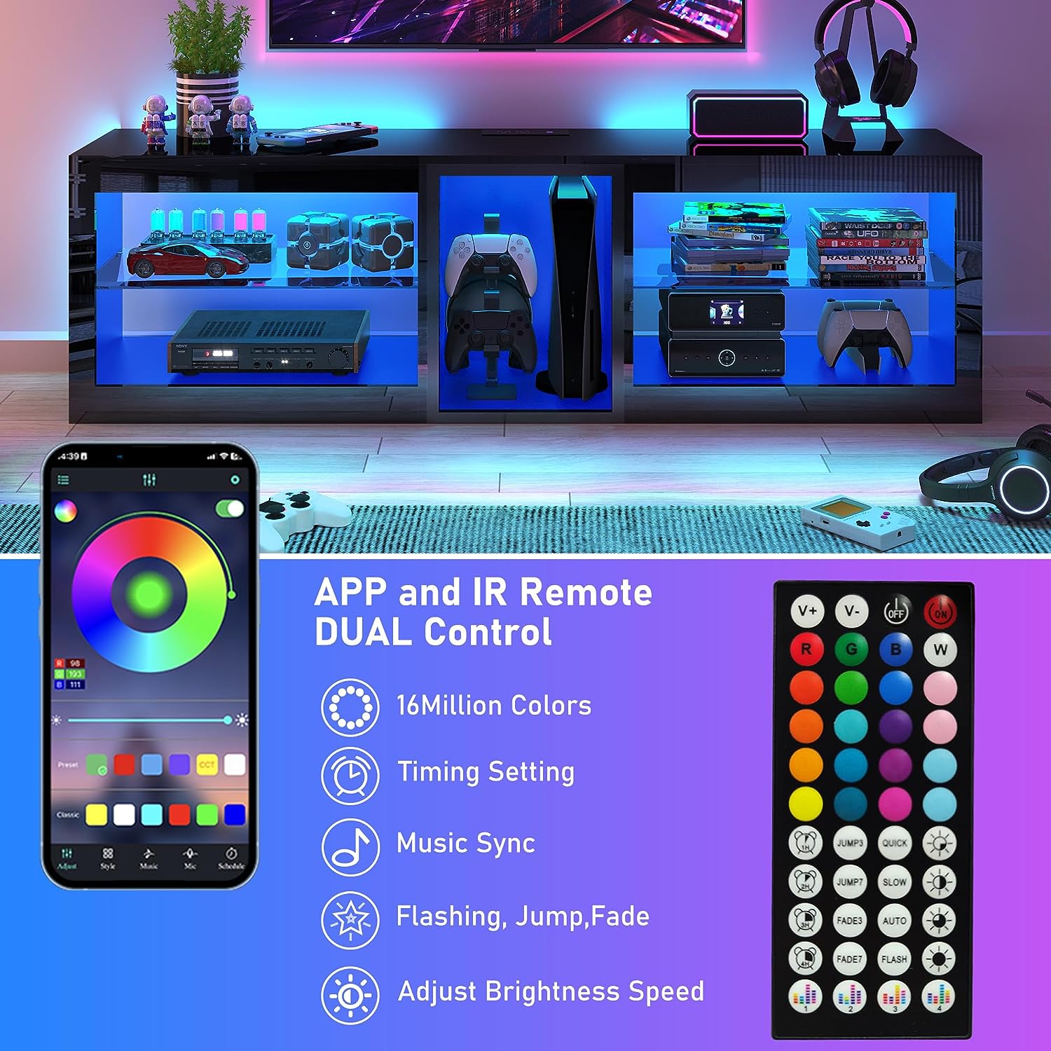 ChVans Modern LED TV Stand for TVs up to 70" with Adjustable LED Lights/Outlet, High Gloss Entertainment Center with Open Shelves Storage, Media Console TV Stands for Living Room, Game room, Bedroom