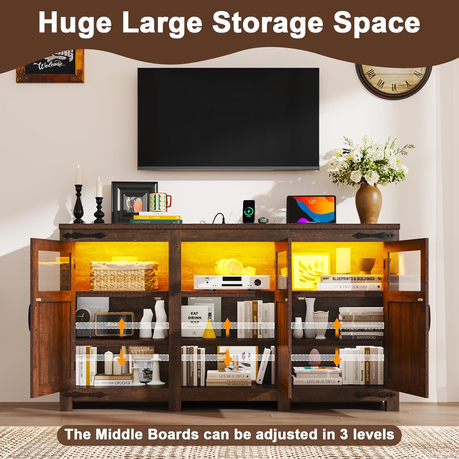 ChVans LED Farmhouse TV stand for up to 85" TVs with Power Outlet, 74" Large Entertainment Center Console Table, 33.5" Tall Rustic Media Console w/Storage Shelves for Living Room