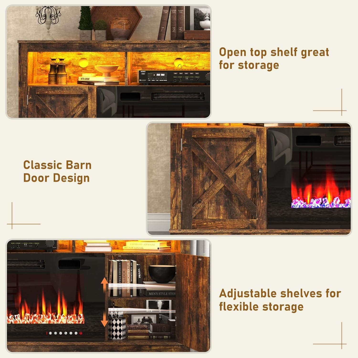 ChVans 83" Fireplace TV Stand for TVs up to 95" with 50" Electric Fireplace, Farmhouse Entertainment Center with LED, Wooden Media Console for Living Room, Bedroom