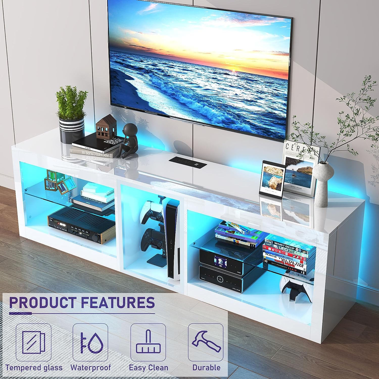 ChVans Modern LED TV Stand for TVs up to 70" with Adjustable LED Lights/Outlet, High Gloss Entertainment Center with Open Shelves Storage, Media Console TV Stands for Living Room, Game room, Bedroom