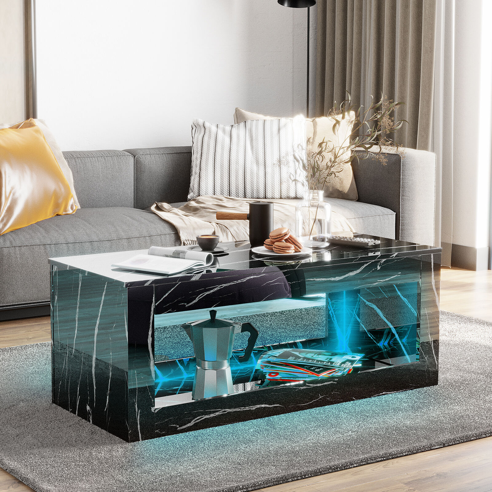 ChVans LED Coffee Table with Open Storage, Modern White Coffee Table with 16 Colors LED Lights, Rectangle Center End Table with Marbling Print for Living Room Bedroom
