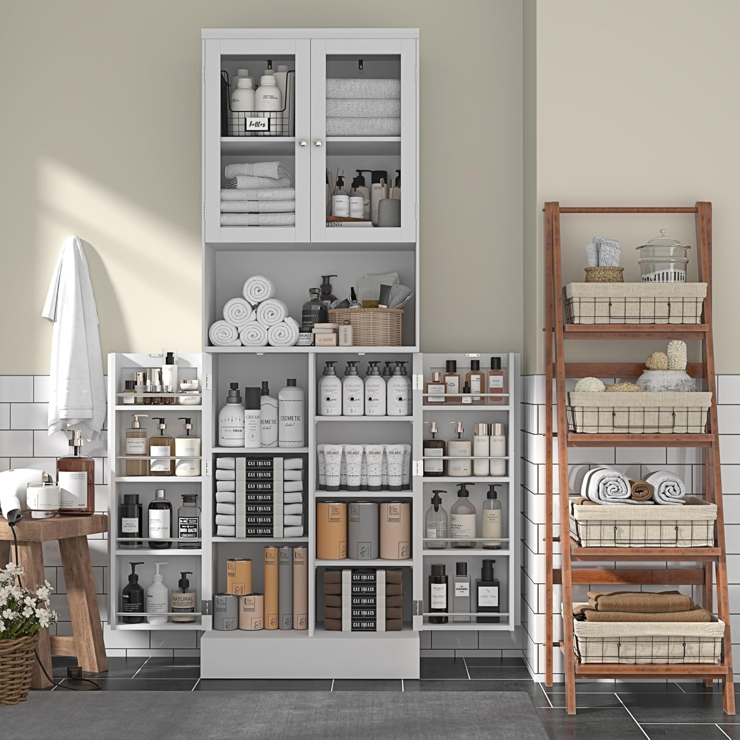 ChVans 71" Tall Pantry Cabinet, Storage Cabinet with Glass Doors and Microwave Stand, Freestanding Kitchen Hutch Food Pantry Cabinet with Adjustable Shelves for Kitchen Dining, Living Room