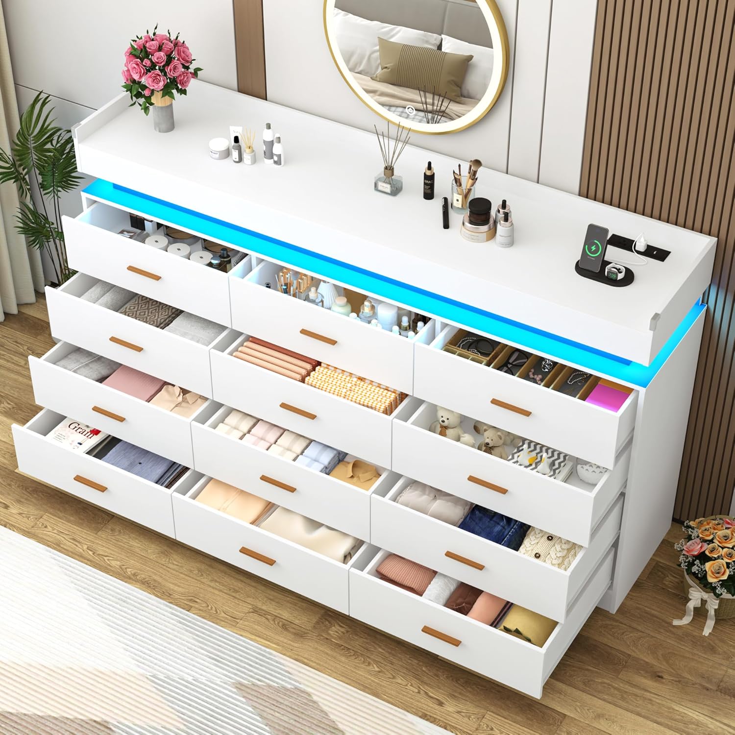 ChVans 12 Drawer Dresser with LED Lights and Charging Station, 70" Wide wood Chest of Drawers and Metal Handles, 45.7" Tall drawers dresser for bedroom, Living Room, Entryway, Hallway