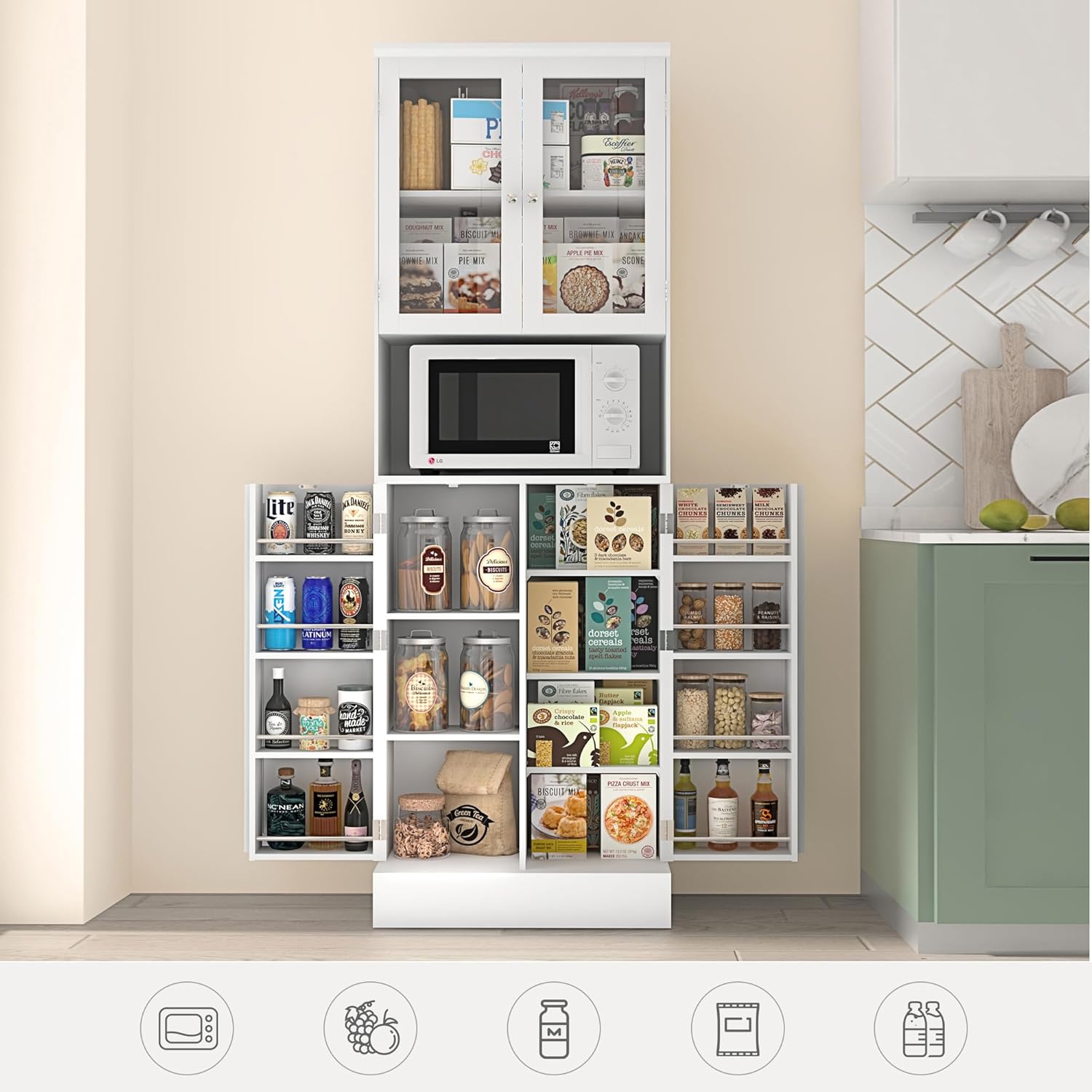 ChVans 71" Tall Pantry Cabinet, Storage Cabinet with Glass Doors and Microwave Stand, Freestanding Kitchen Hutch Food Pantry Cabinet with Adjustable Shelves for Kitchen Dining, Living Room