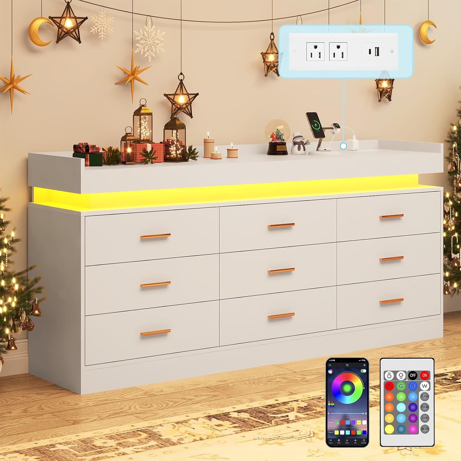 ANPOO 9 Drawer Dresser with LED Lights and Charging Station, Modern Double Wide Chest of Drawers with Power Outlet for Bedroom, Living Room