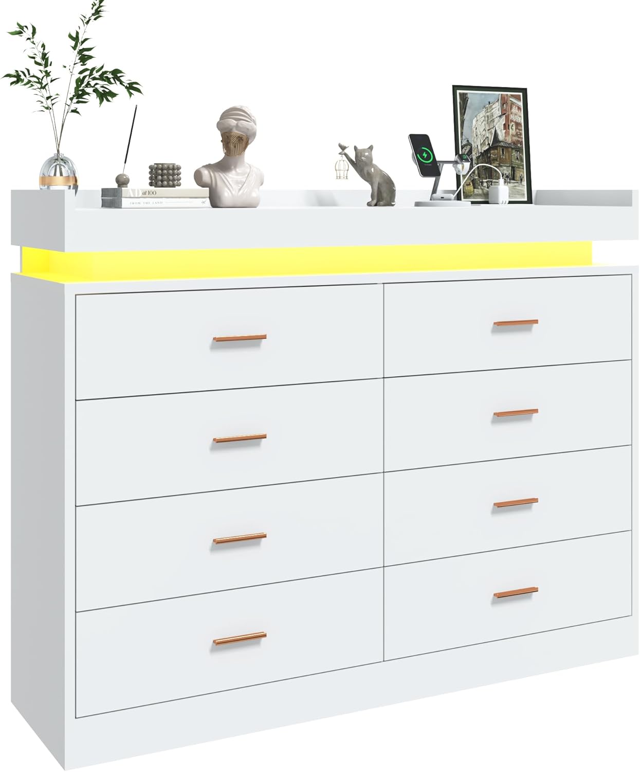 ANPOO 8 Drawer Dresser with Charging Station and LED Lights, Modern Wood Dresser with Wide Drawers and Metal Handles for Bedroom, Living Room