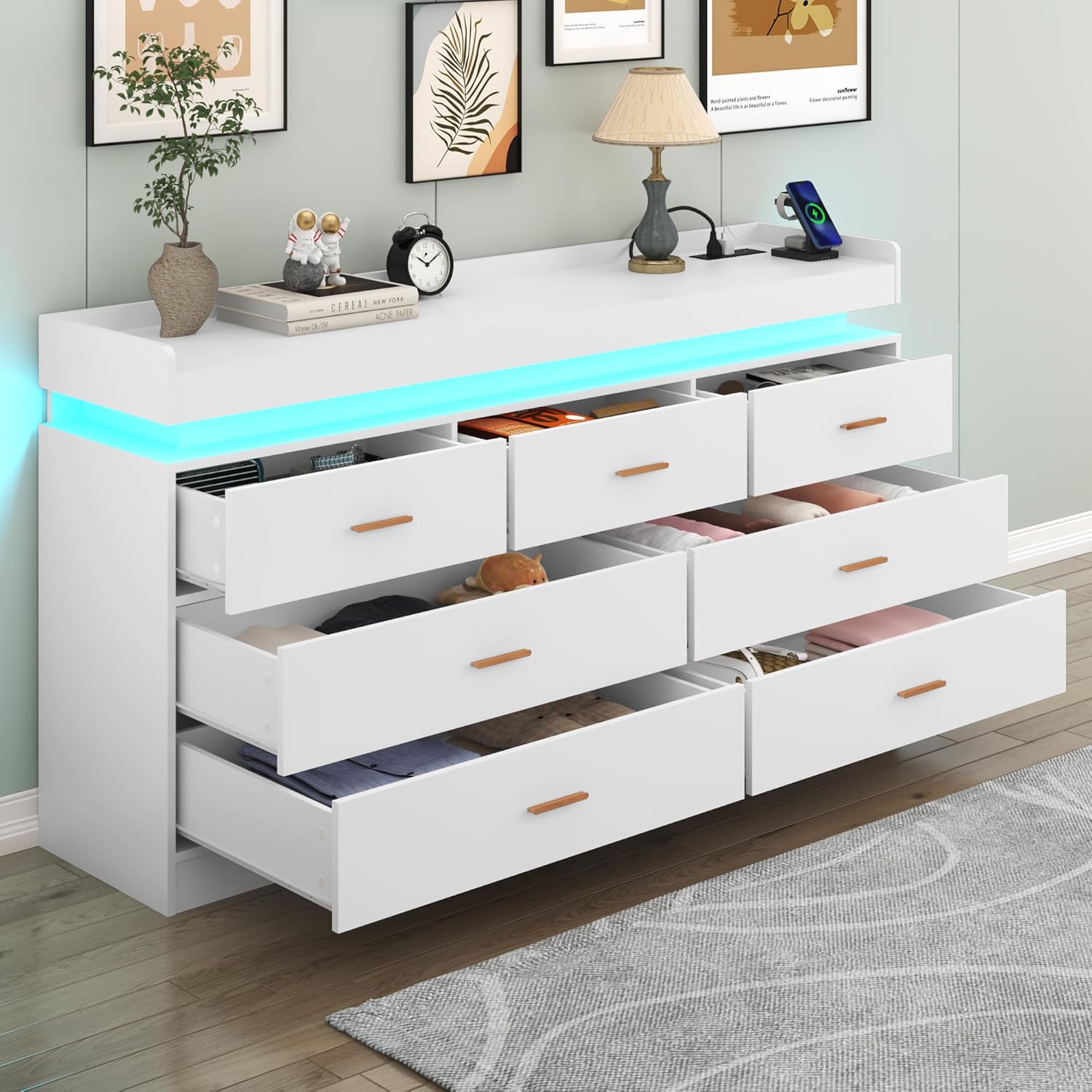 ChVans White Dresser with LED Light and Charging Station, Modern Wood Dresser with Wide Drawers and Metal Handles, 7 drawer dresser for Bedroom, Living Room, Entryway, Hallway