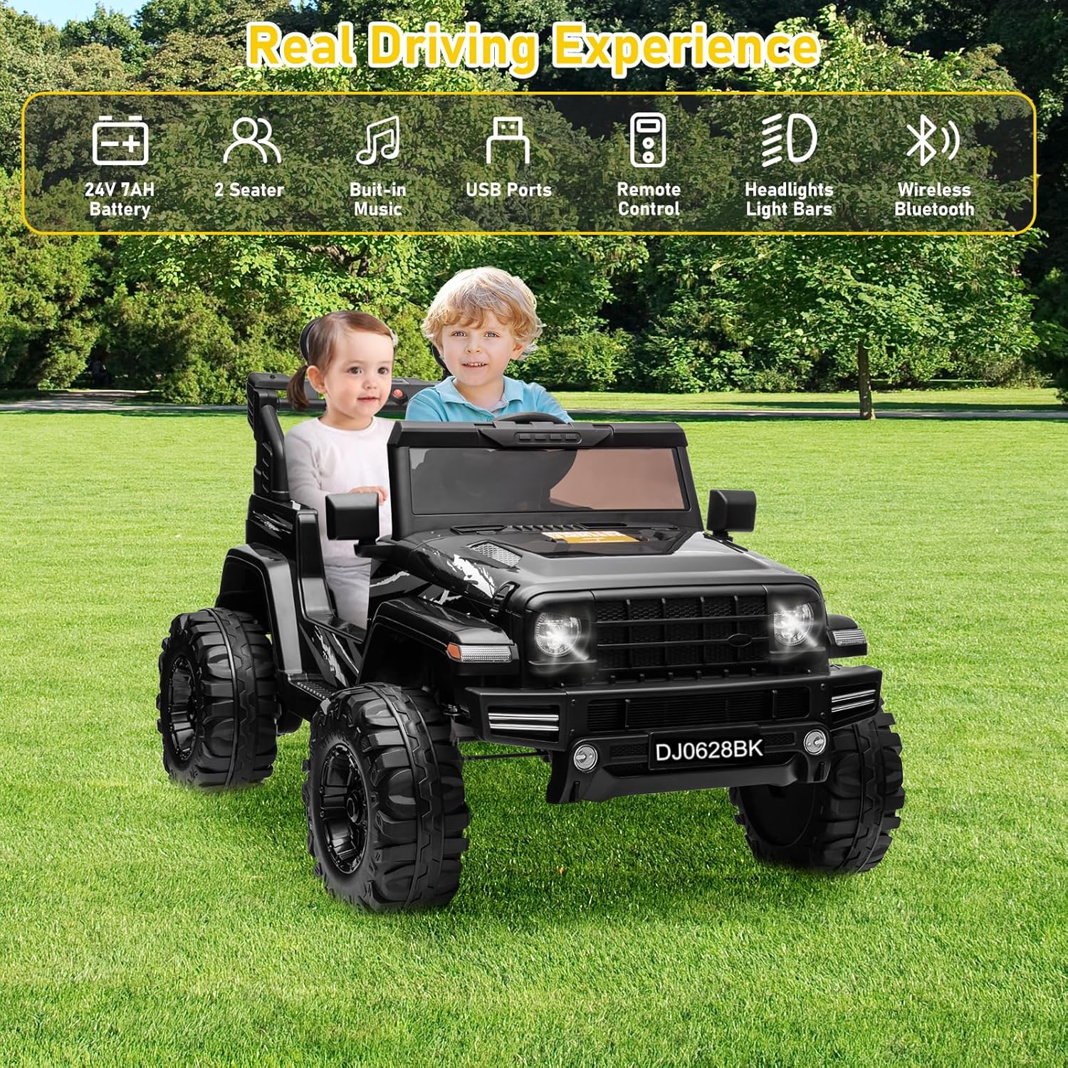 24V Kids Electric Ride on Car, 2-Seat Battery Powered Toy with LED Lights and Remote Control, Battery Powered Wheels Truck with USB Ports, MP3 Player, for Boys, Girls