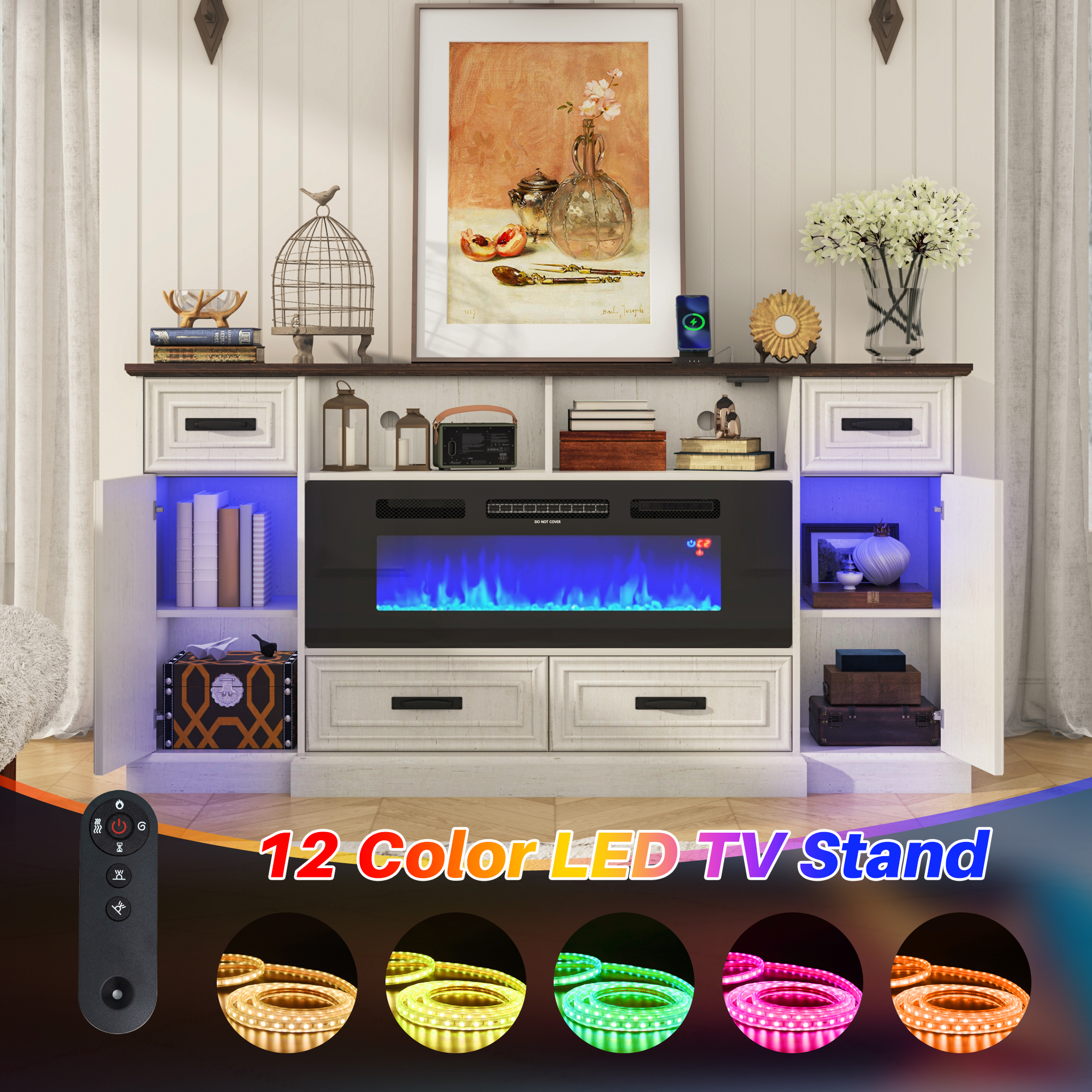 ChVans Farmhouse Fireplace TV Stand for 80" TV, Entertainment Center with 40'' Electric Fireplace & LED Lights, Modern Media Console with Storage Drawers & Cabinets & Power Outlets, Antique White