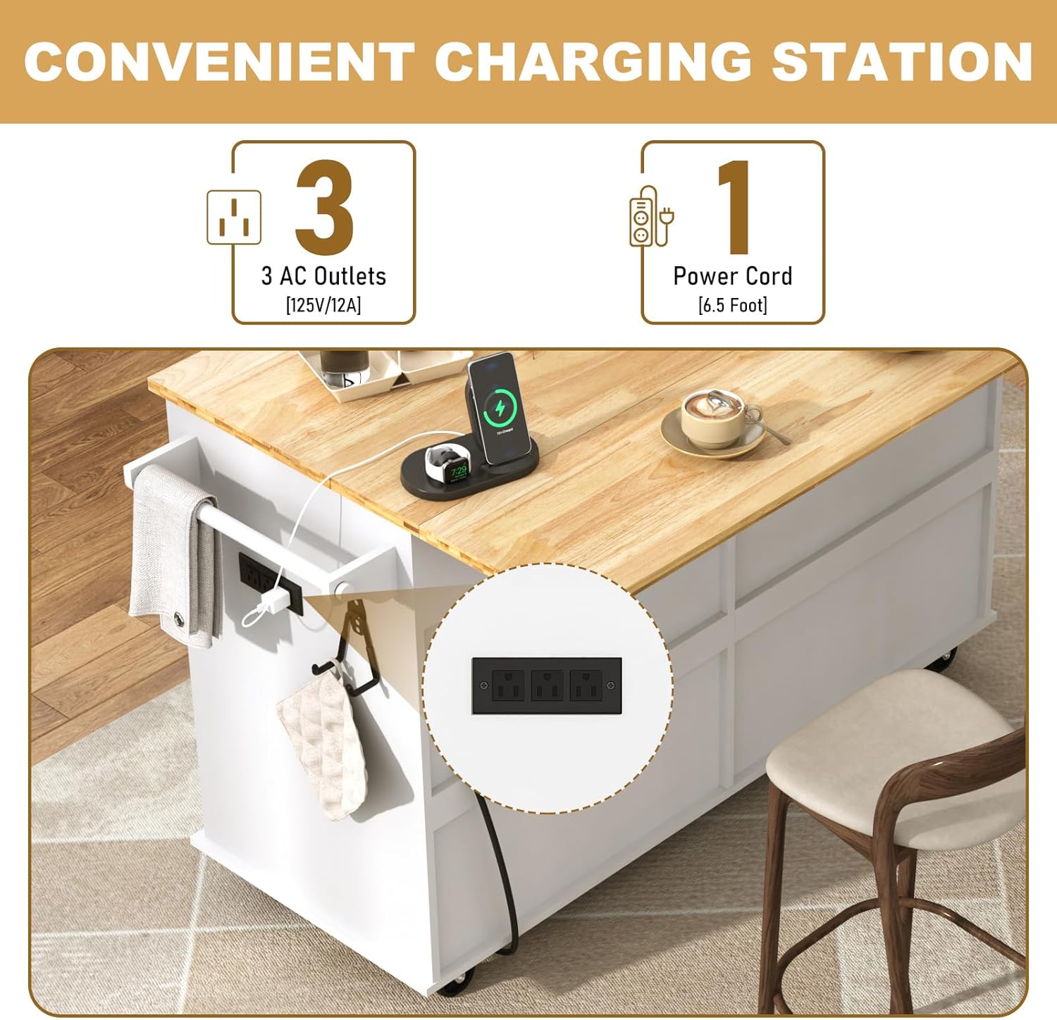 ChVans 59" W Kitchen Island with Drop Leaf, Rolling Kitchen Cart with Storage on Wheels, Large Island Table for Kitchen with Rubber Wood Top and Rack and Drawer