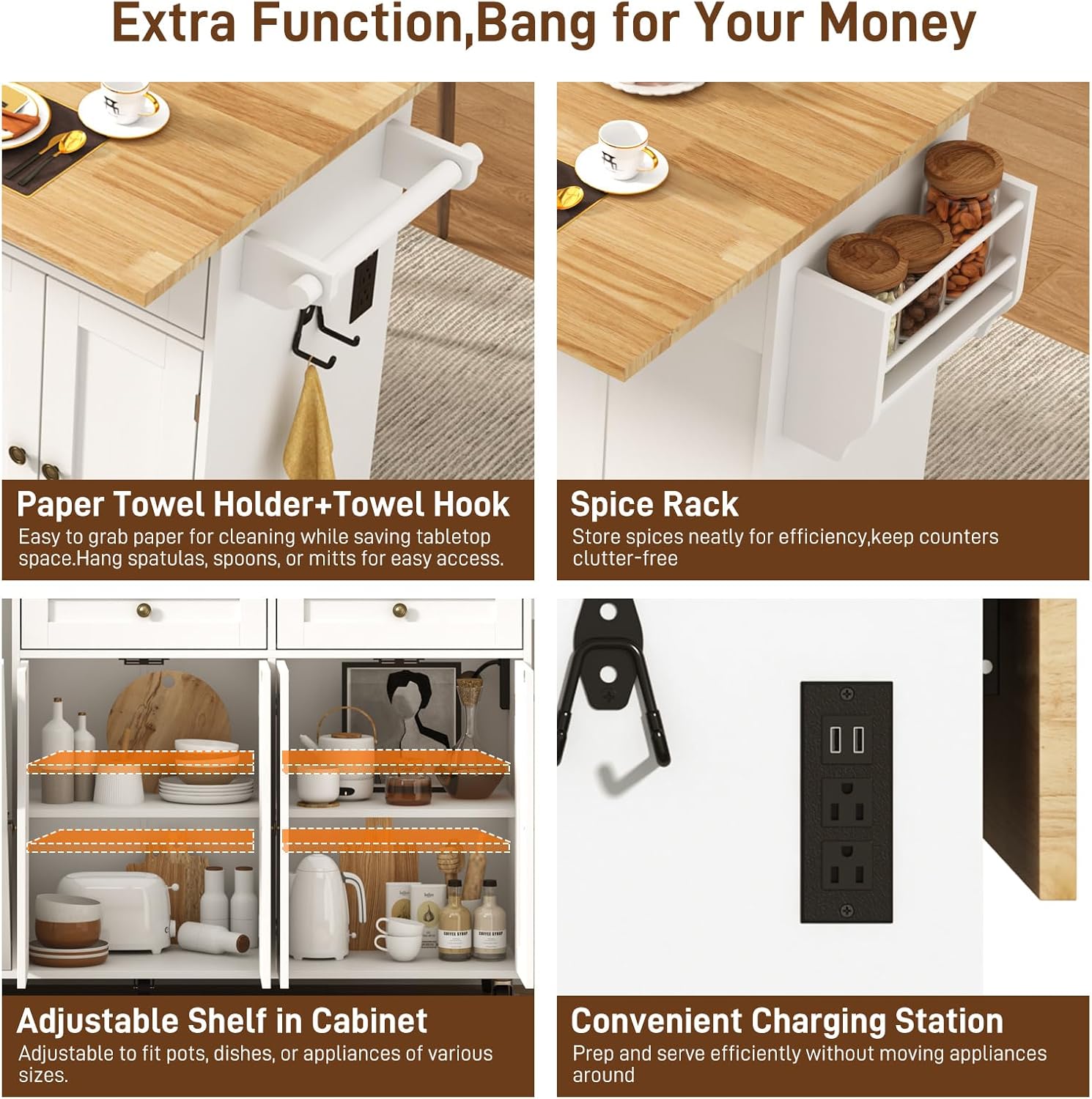 ANPOO 67" Rolling Kitchen Island with Drop Leaf, Tilt Out Kitchen Trash Cabinet 10 Gallon Storage, Kitchen Cart Island with Rubber wood Top, Spice Rack and Drawers