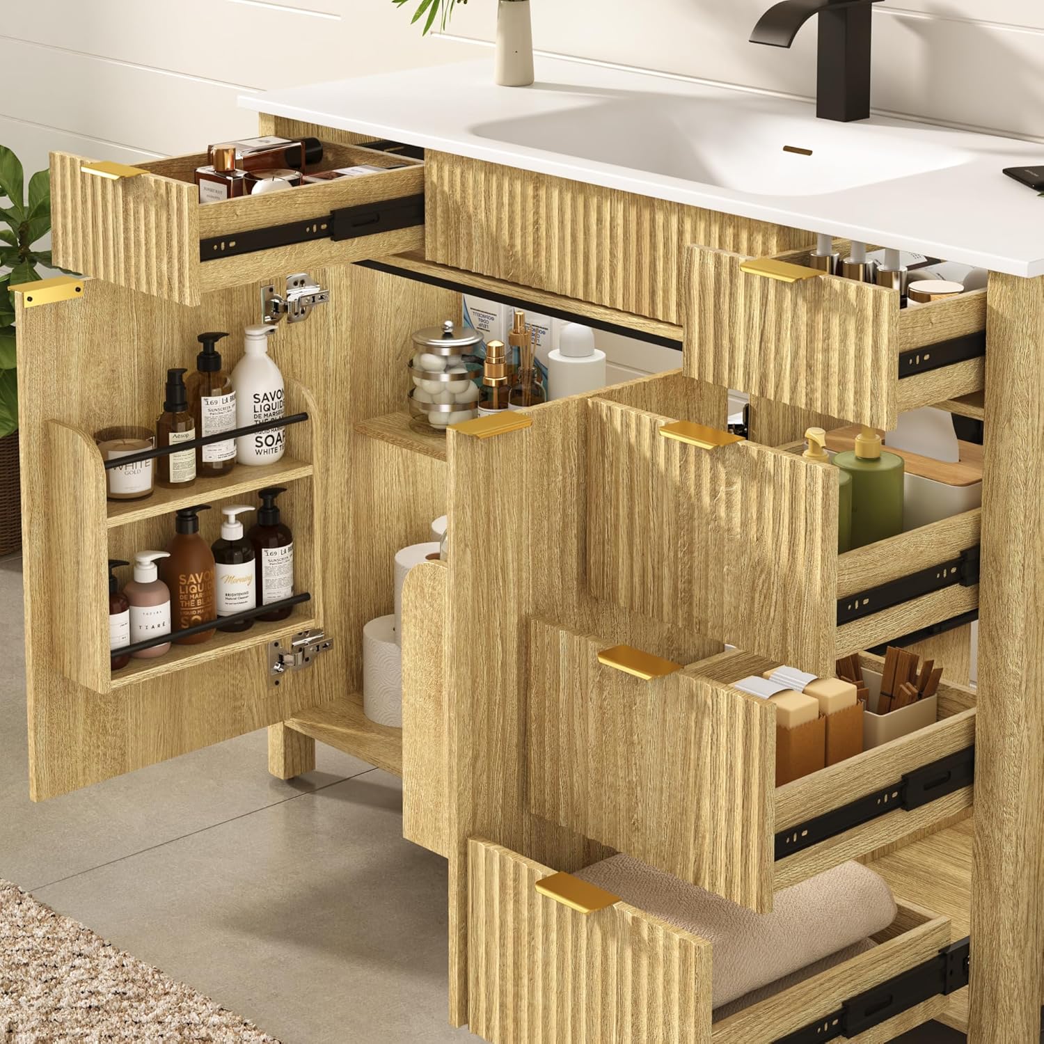 ANPOO 36" Bathroom Vanity with Sink & Faucet & Sewer Pipes, Mid-Century Modern Vanity with Ceramic Basin and Fluted Soft-Close Doors, Freestanding Bath Storage Vanity Sink Combo Set