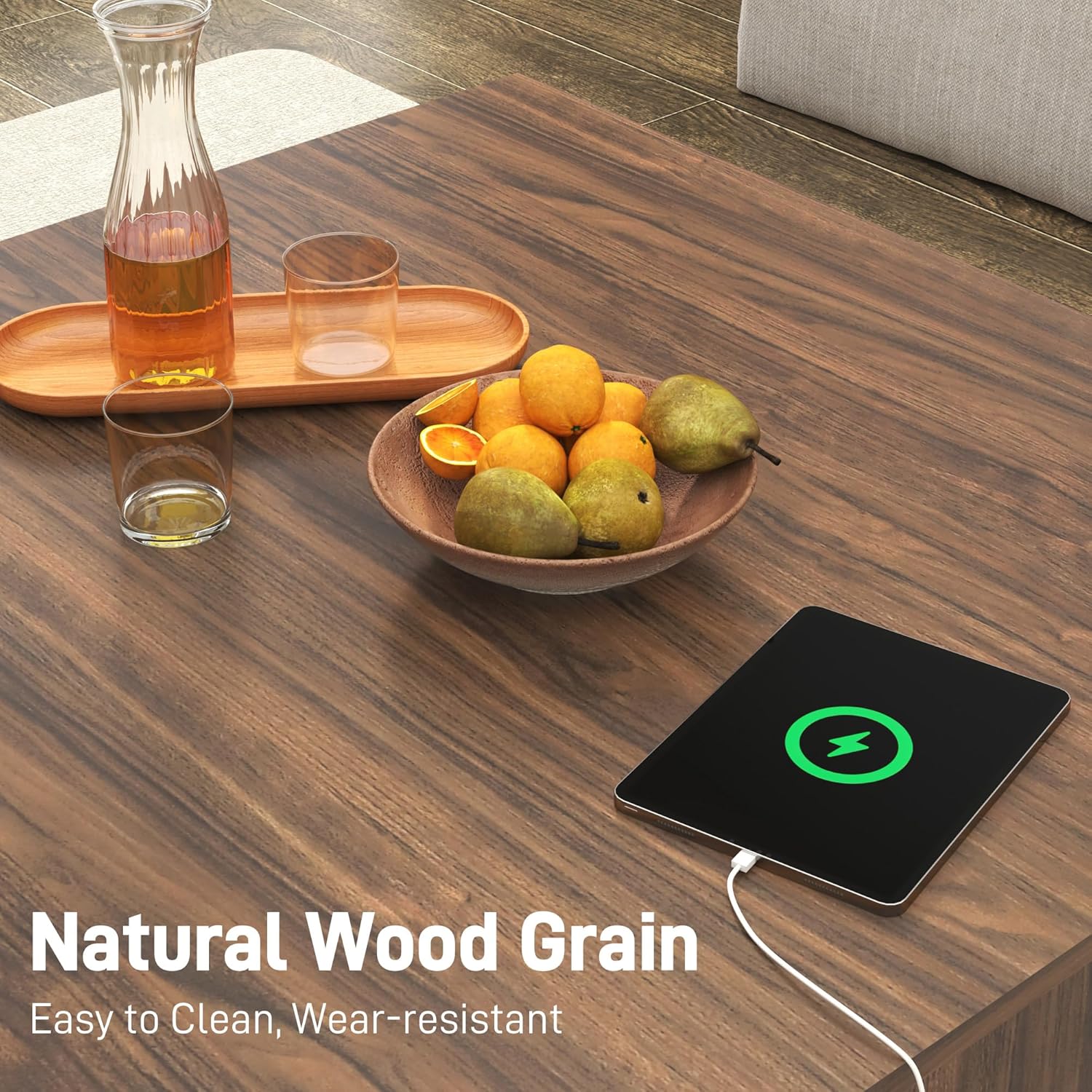 ANPOO 32" Mid Century Modern Square Coffee Table with LED Light & Power Outlet, 2-Tier Wood Cocktail Table with Storage for Living Room