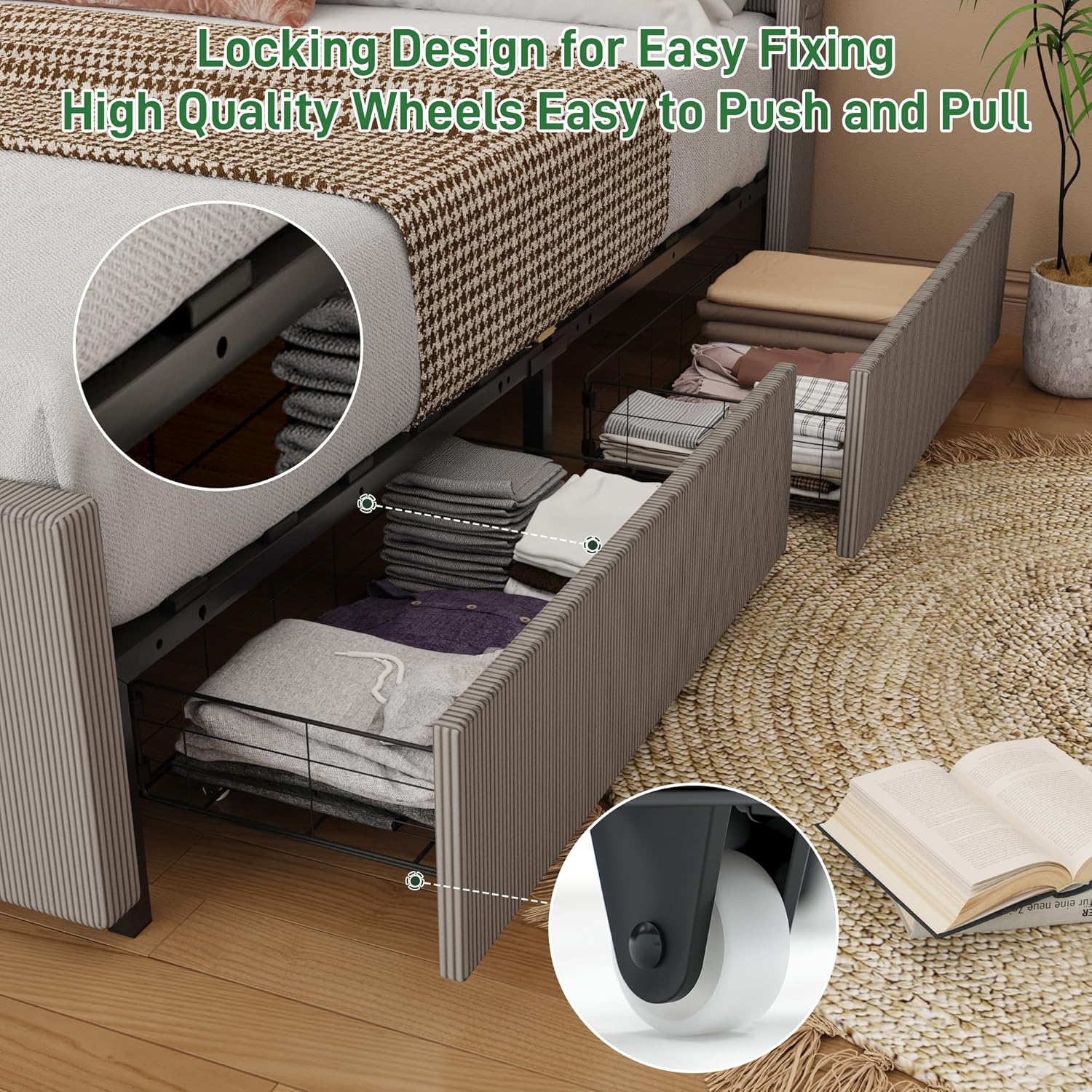 ANPOO Queen Size LED Upholstered Bed Frame with Drawer, Wingback Platform Bed Frame with 52" Headboard & Footboard, Corduroy Bed Frame No Box Spring Needed/Noise Free