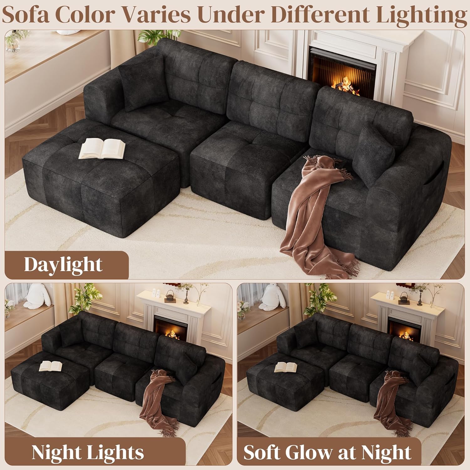 ChVans 110" L-Shaped Sectional Sofa with Convertible Left/Right Ottoman, Boneless Sofa with Oversized Chaise & Layered Cushion, Upholstered Couches for Living Room Bedroom, No Assembly