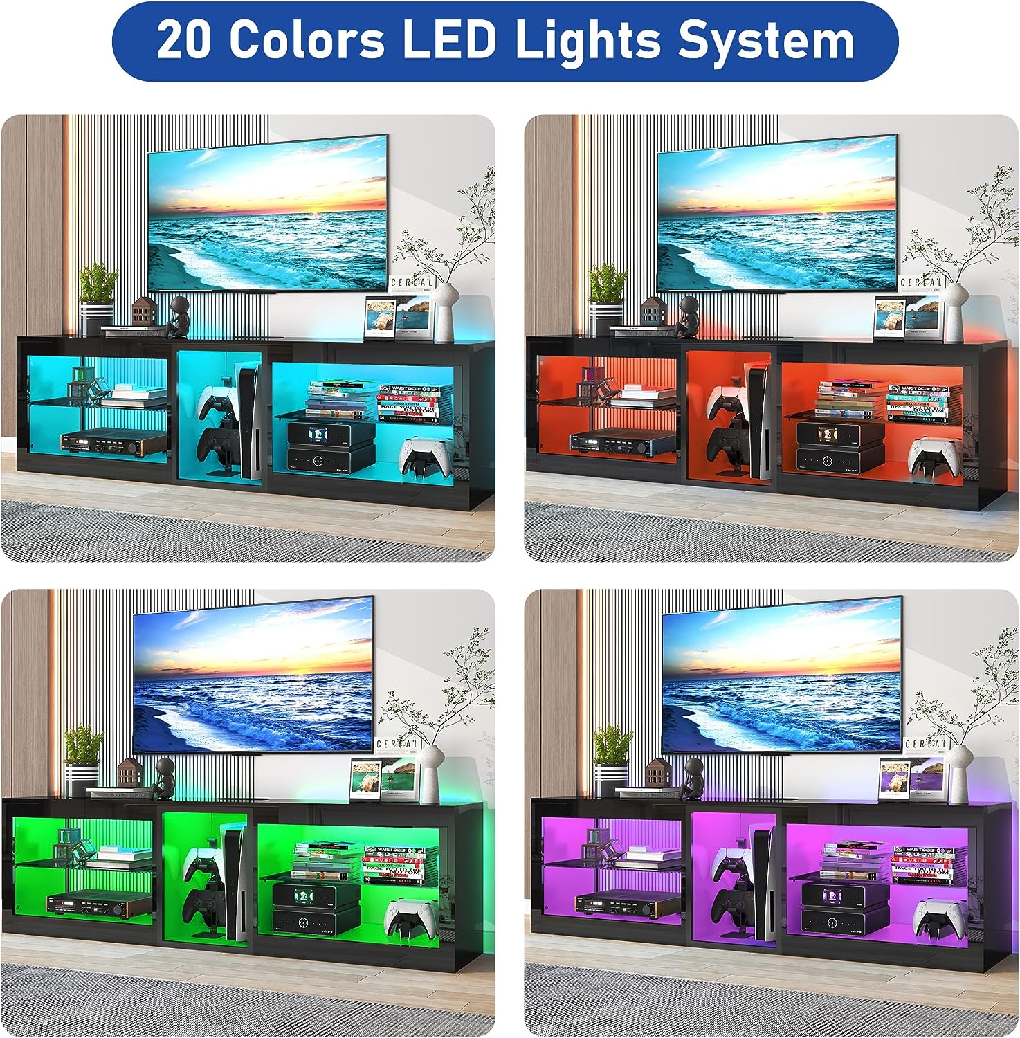 ChVans Modern LED TV Stand for TVs up to 70" with Adjustable LED Lights/Outlet, High Gloss Entertainment Center with Open Shelves Storage, Media Console TV Stands for Living Room, Game room, Bedroom