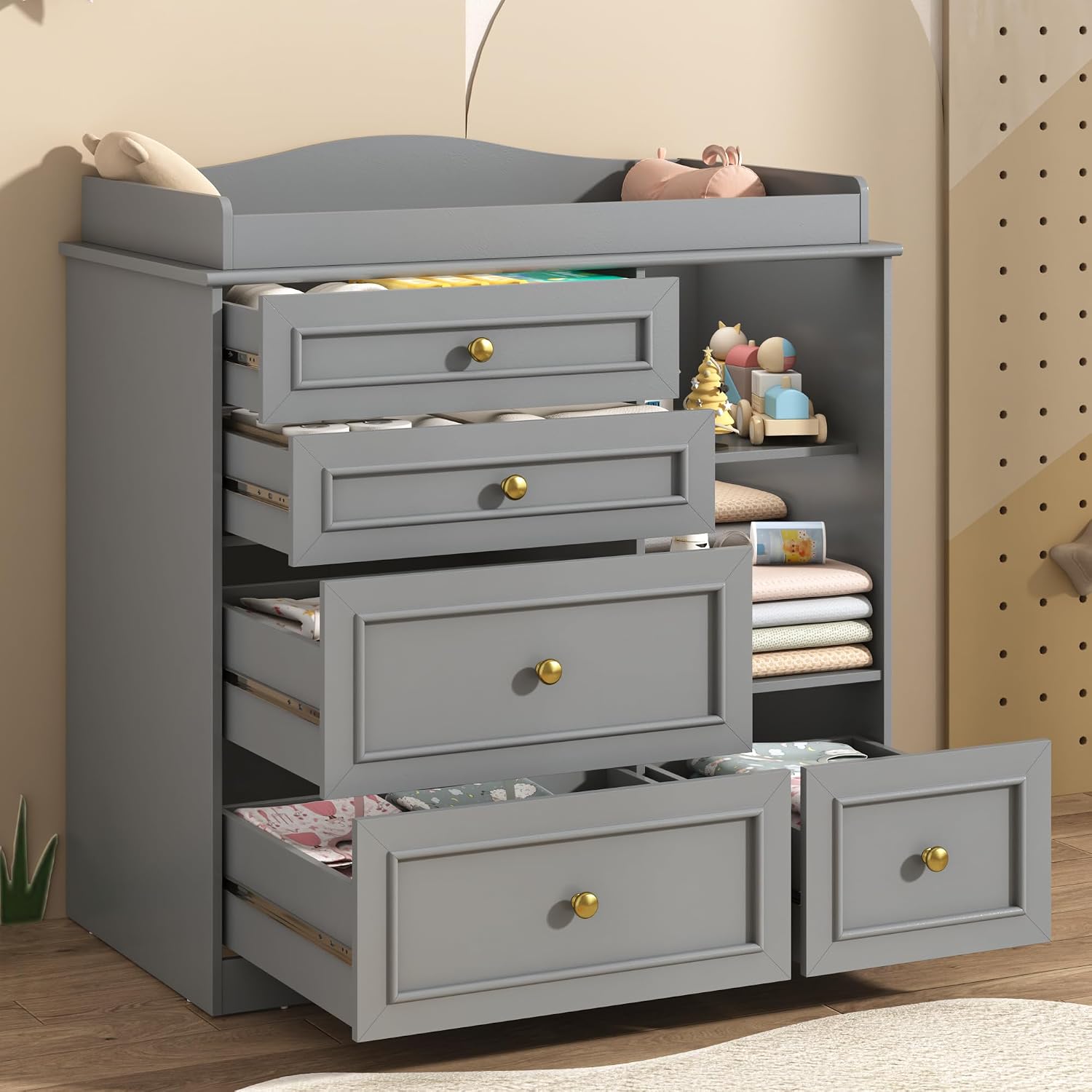ChVans Changing Table Dresser, Baby Classic Nursery Dresser with 5 Drawers & Open Storage Shelves, Convertible Nursery Dresser Chest of Drawers