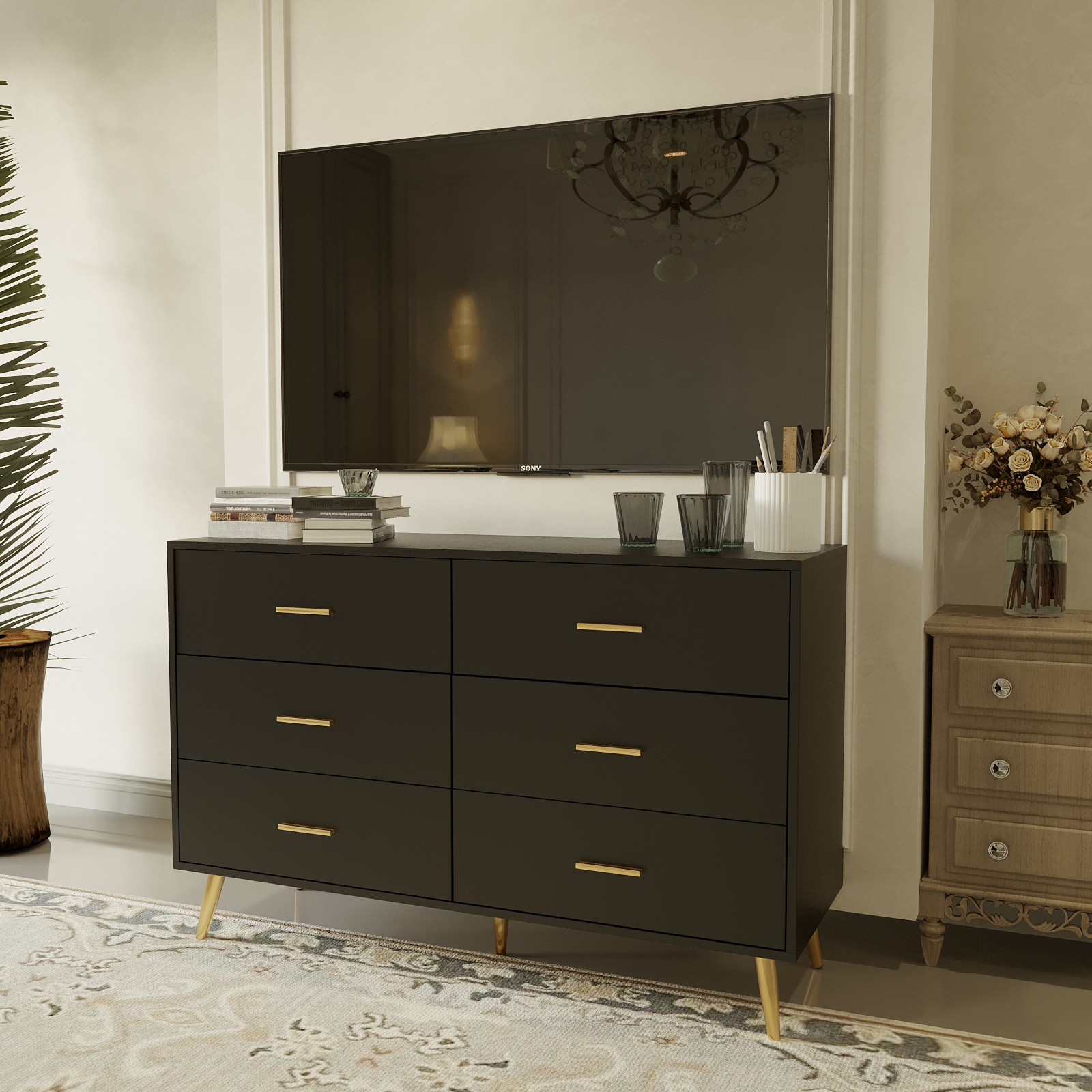 6 Drawer Dresser for Bedroom, Modern Wood Dresser with Wide Drawers and Metal Handles, Storage Chest of Drawers for Living Room Hallway Entryway