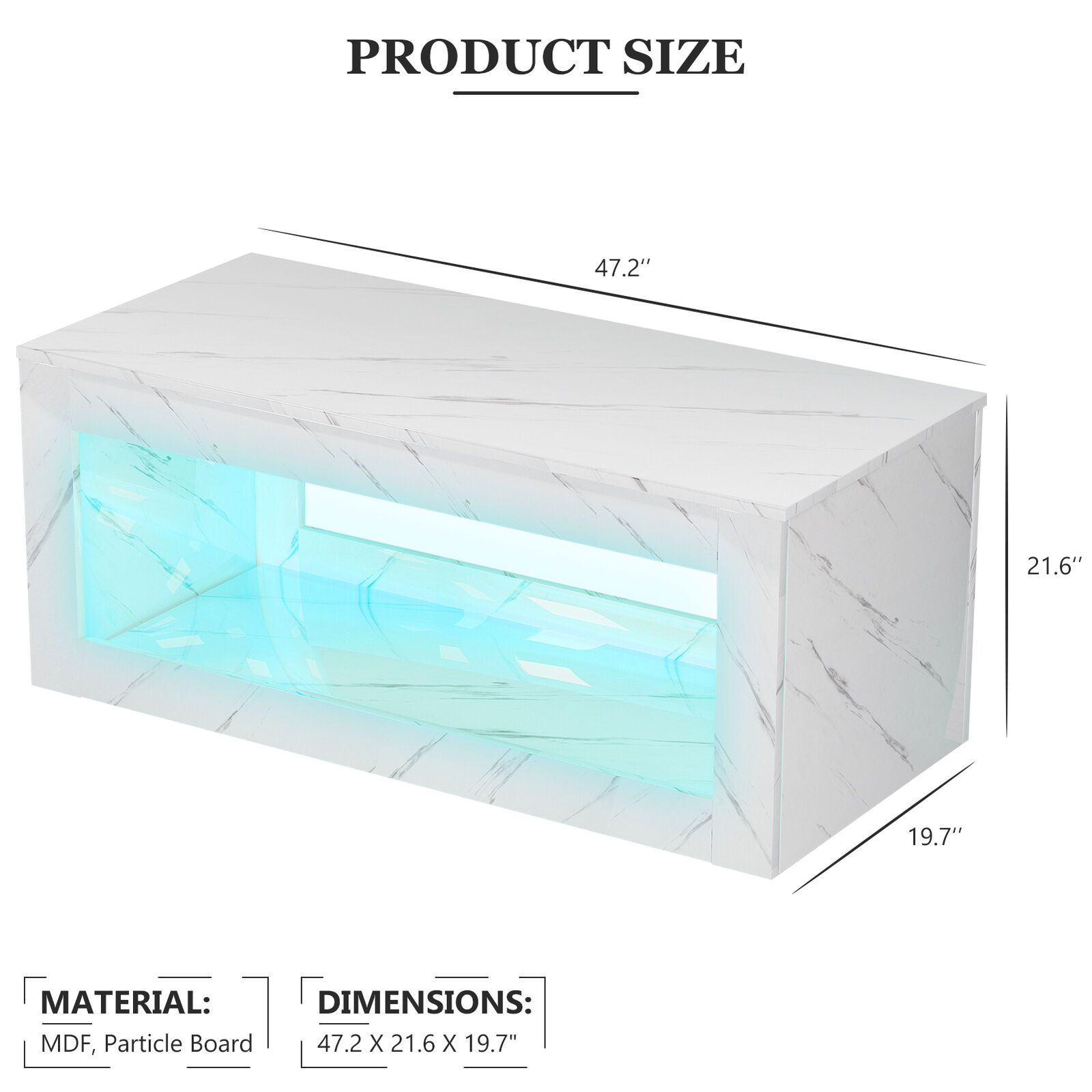 ChVans LED Coffee Table with Open Storage, Modern White Coffee Table with 16 Colors LED Lights, Rectangle Center End Table with Marbling Print for Living Room Bedroom