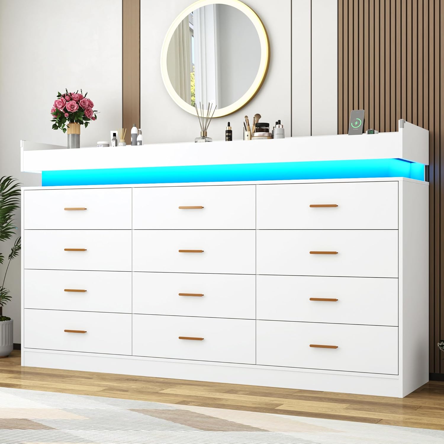 ChVans 12 Drawer Dresser with LED Lights and Charging Station, 70" Wide wood Chest of Drawers and Metal Handles, 45.7" Tall drawers dresser for bedroom, Living Room, Entryway, Hallway
