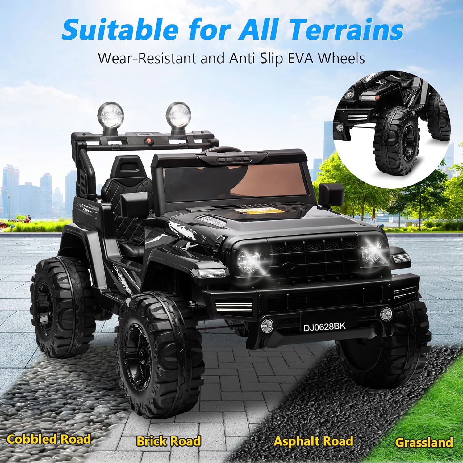 24V Kids Electric Ride on Car, 2-Seat Battery Powered Toy with LED Lights and Remote Control, Battery Powered Wheels Truck with USB Ports, MP3 Player, for Boys, Girls