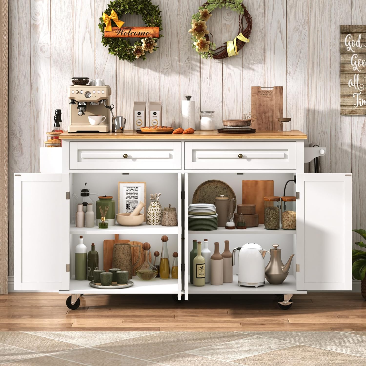 ChVans 59" W Kitchen Island with Drop Leaf, Rolling Kitchen Cart with Storage on Wheels, Large Island Table for Kitchen with Rubber Wood Top and Rack and Drawer