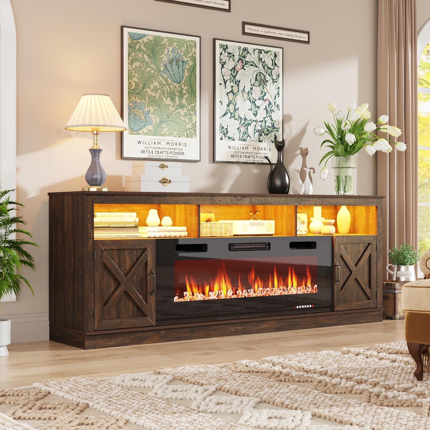 ChVans 83" Fireplace TV Stand for TVs up to 95" with 50" Electric Fireplace, Farmhouse Entertainment Center with LED, Wooden Media Console for Living Room, Bedroom