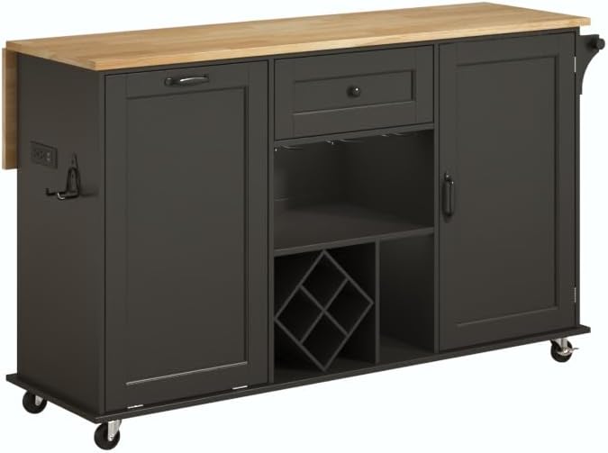 ChVans 59" Kitchen Island On Wheels, Rolling Kitchen Island Cart with Drop Leaf Countertop, Portable Mobile Kitchen Island with Towel Rack, Spice Rack Shelf and Lockable Wheels